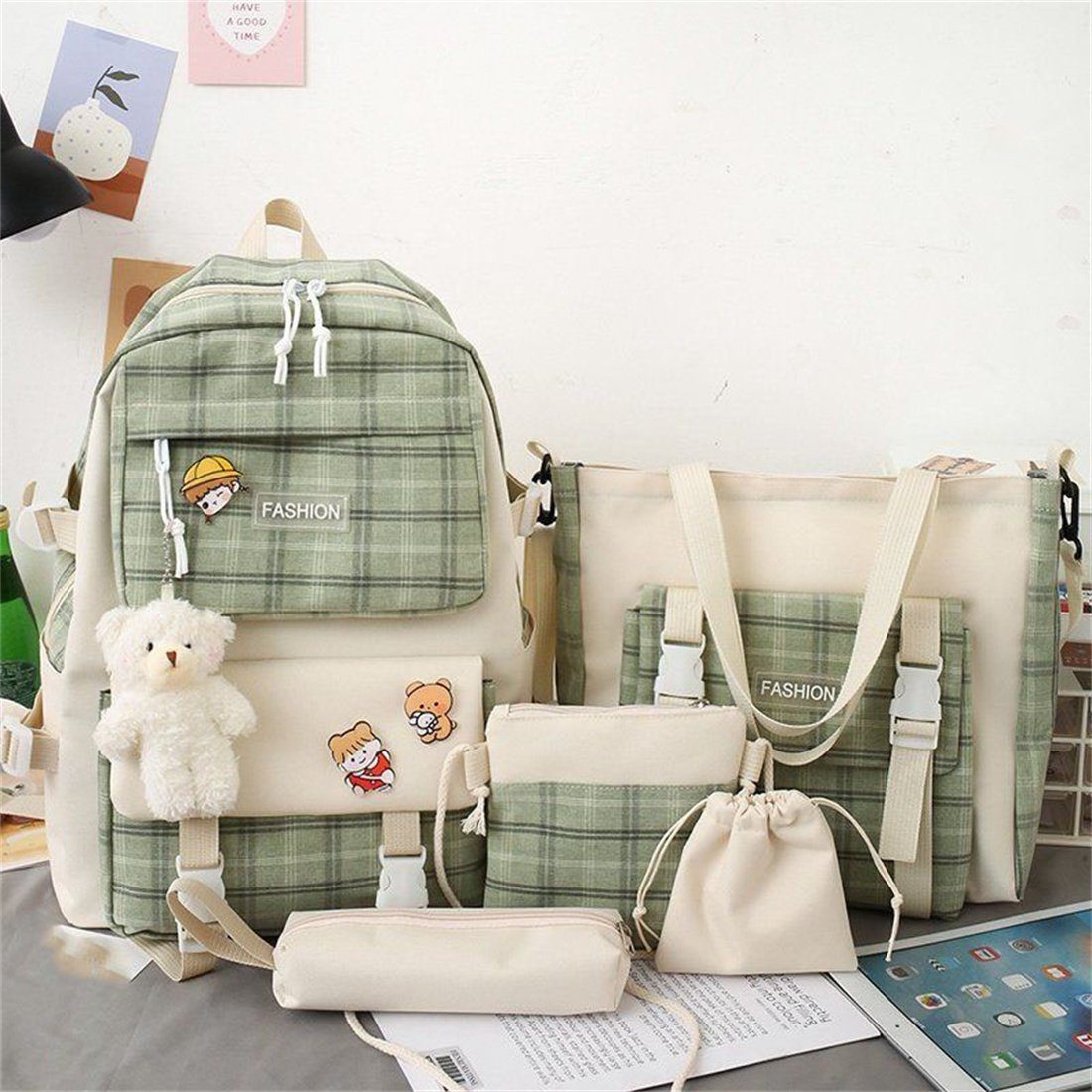 khaki Umhängetasche. DÖRÖY Kapazität große 5 Set, Pcs Bag School Student Schulrucksack Plaid