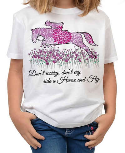 Tini - Shirts T-Shirt »Springreiter Kinder Pferde Shirt« Pferde Motiv Shirt Kindershirt : Don´t worry don´t cry Ride a Horse and Fly