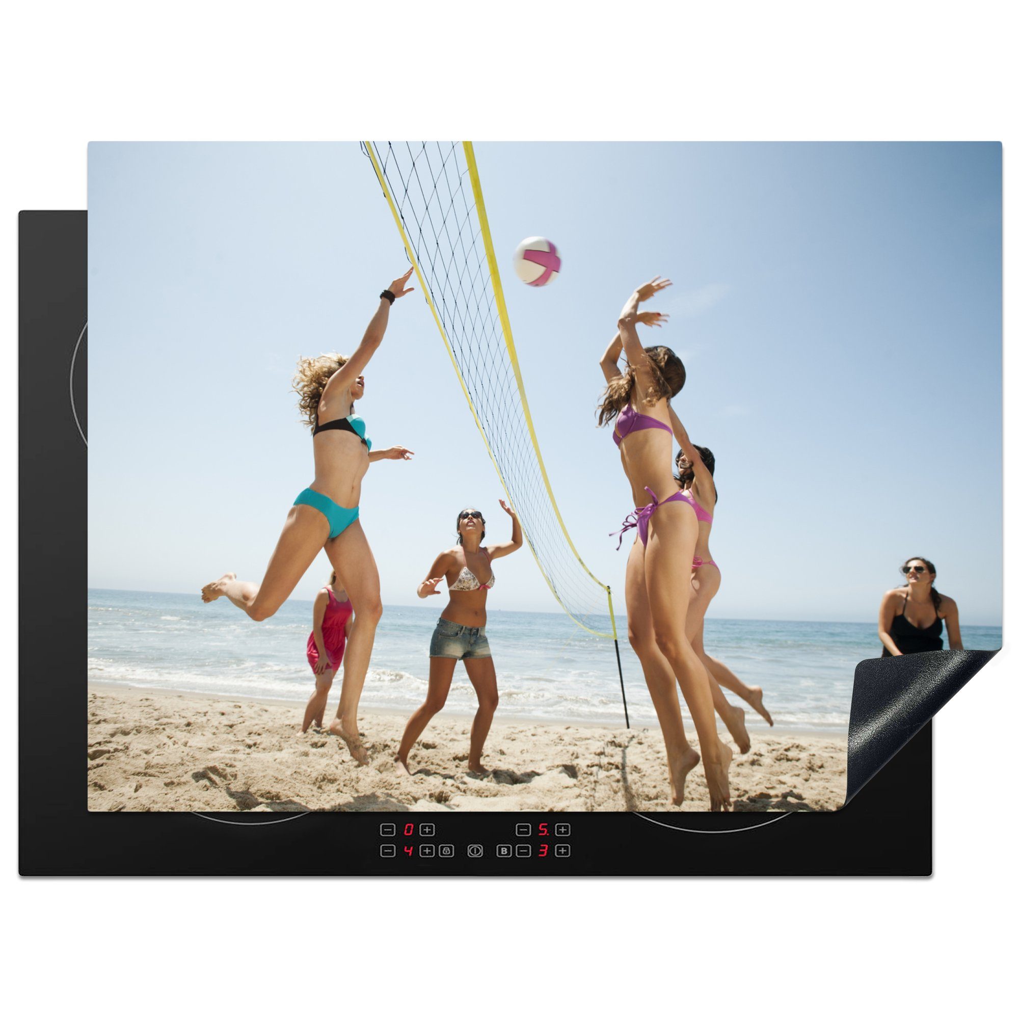 MuchoWow Herdblende-/Abdeckplatte Frauen spielen Beachvolleyball, Vinyl, (1 tlg), 70x52 cm, Mobile Arbeitsfläche nutzbar, Ceranfeldabdeckung