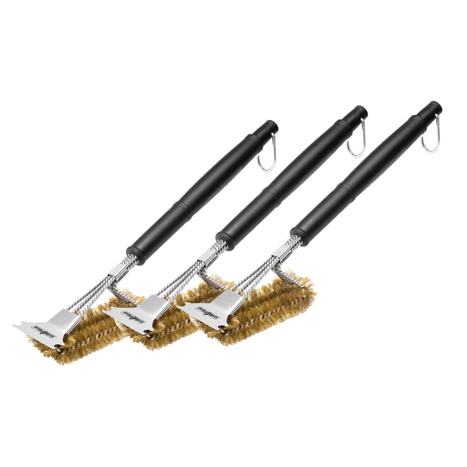Grillfürst Grillbürste 3x Grillfürst Premium Grillbürste aus Messing mit langem 3-fach Bürstenkopf und Schaber