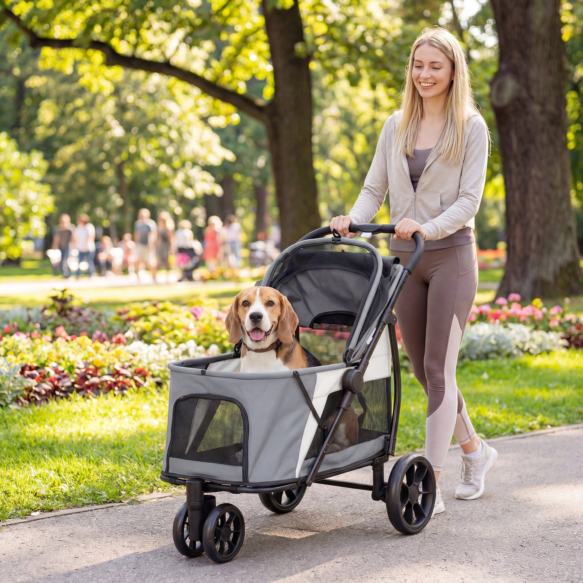 PawHut Hundebuggy Katzenwagen mit waschbarem Kissen, Netzfenstern, Haustierbuggy, (Hundewagen, 1-tlg), für mittelgroße Hunde bis 20kg, Grau