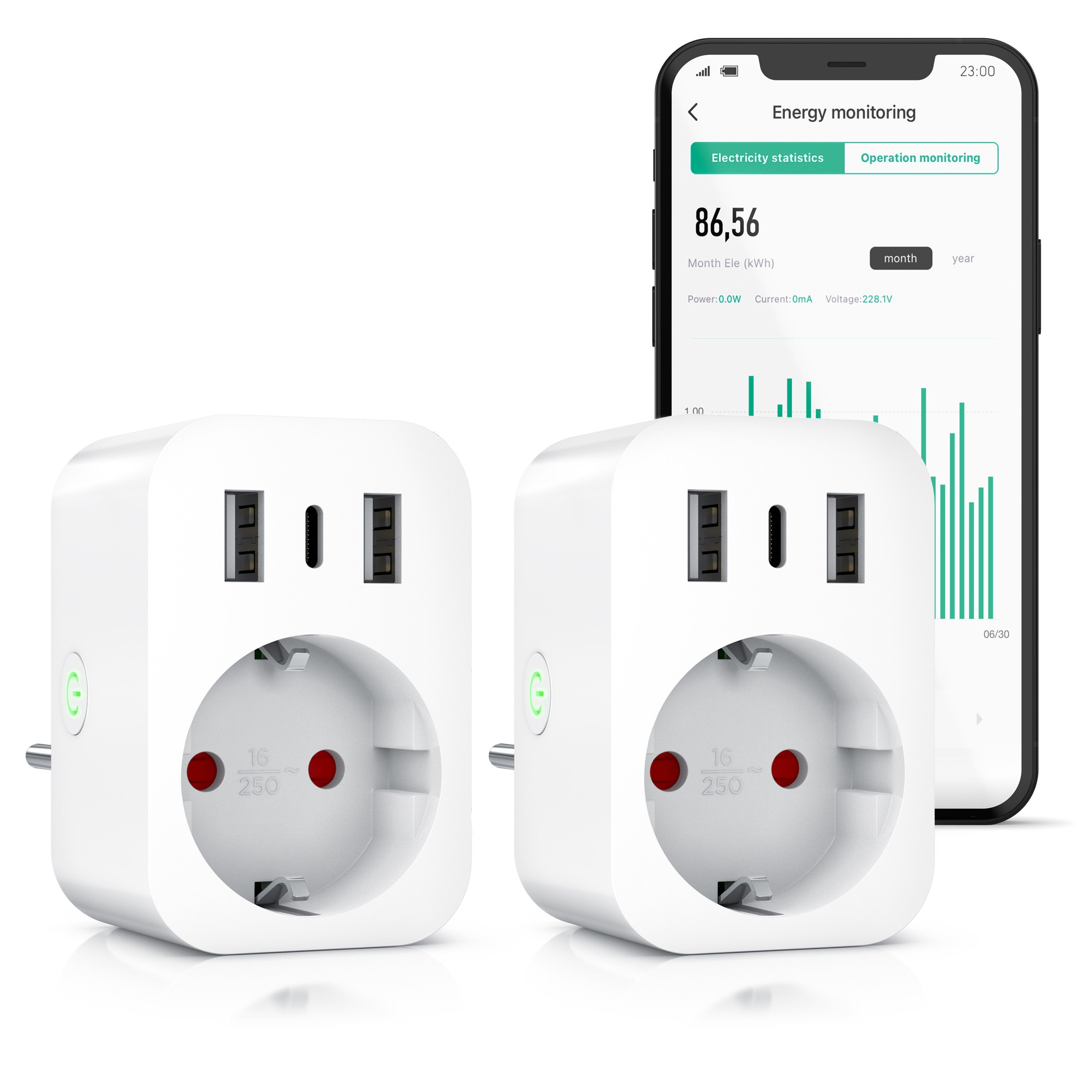 BEARWARE WLAN-Steckdose mit USB, 2,4Ghz WiFi Fernsteuerung per Smart life App, Sprachsteuerung, 2-St., Zeitschaltuhr, Energiekostenmessgerät, USB-Ladegerät, Countdown Timer