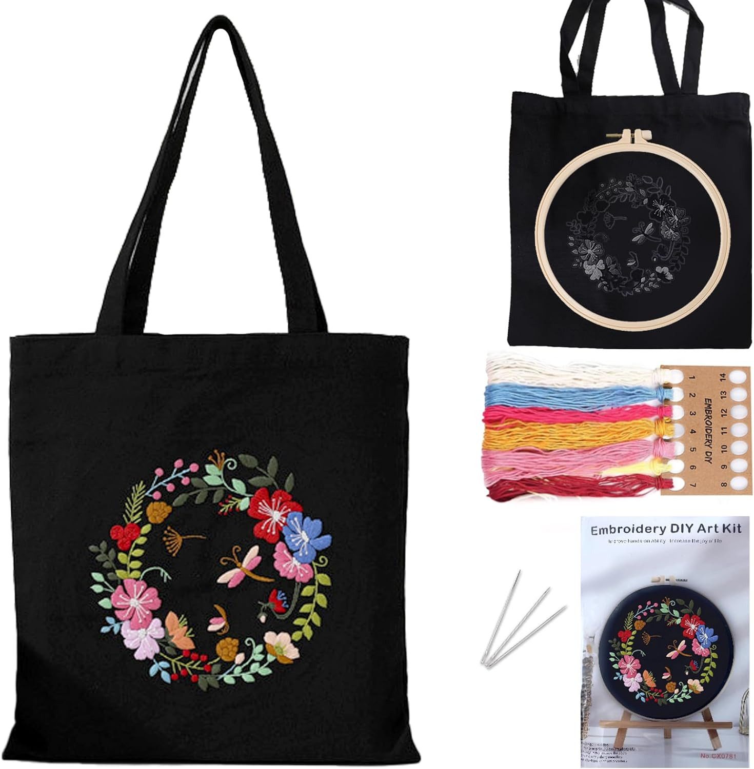 Coonoor Kreativset Sticken für Anfänger Stofftasche Set, DIY Bastelset Erwachsene, Enthält Stickrahmen, Stofftasche mit Blumenmuster, Garn, Nadeln