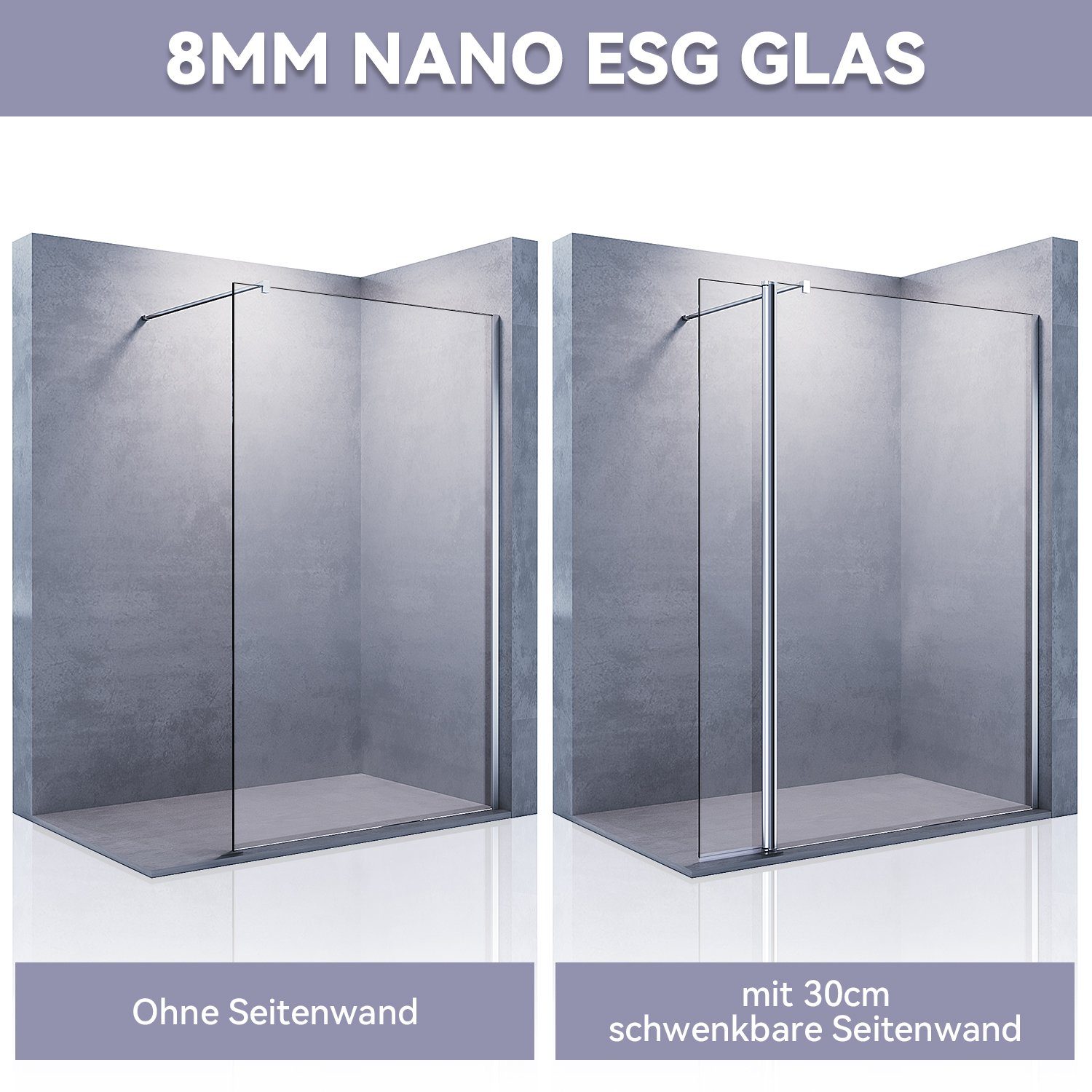 SONNI Walk-in-Dusche Walk in Dusche 8mm Walk in Duschwand Duschabtrennung, 8mm Einscheibensicherheitsglas mit Nano Beschichtung, (1 tlg), mit schwenkbare Seitenwand 70cm ~ 120cm Nano