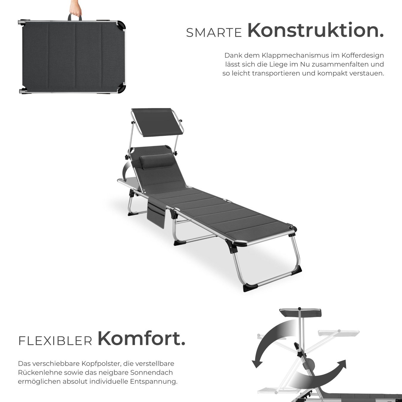 tectake Gartenliege klappbare Aluminium Sonnenliege, 220 x 60,5 x 34 cm, mit, Balkonliege Lorella, 1 St., für Außen in Grau, gepolstert, wetterfest und UV-beständig, verstellbar mit Kopfpolster