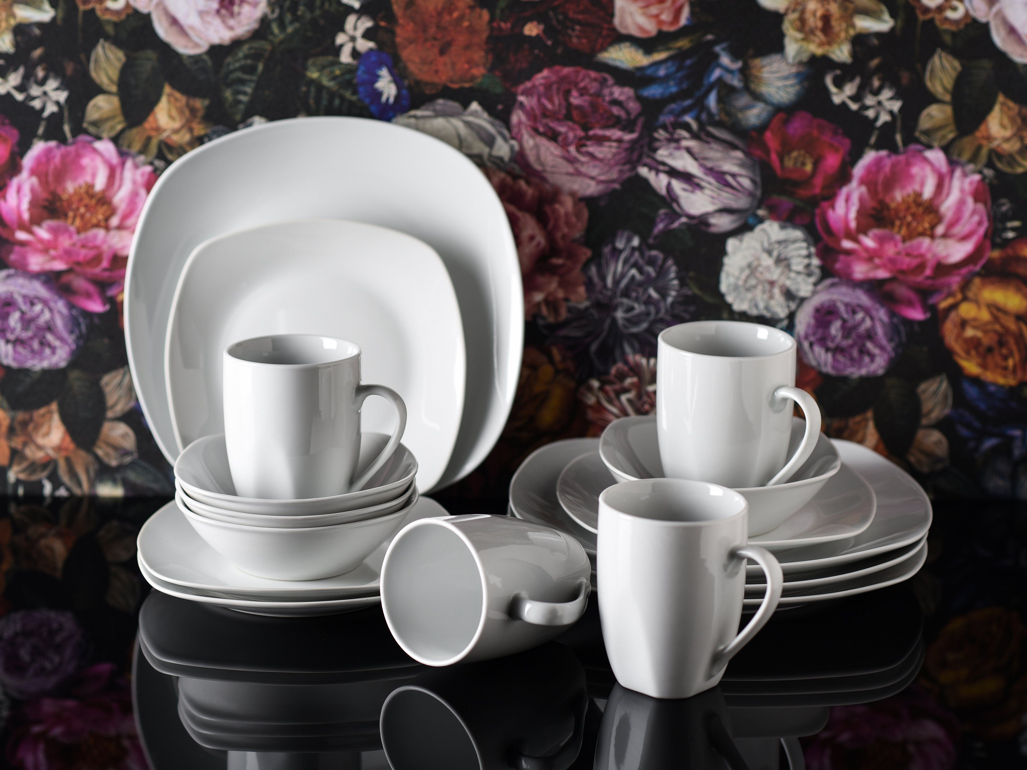 CreaTable Kombiservice Geschirr-Set Square (16-tlg), 4 Personen, Porzellan, Service, weiß, 16 Teile, für 4 Personen