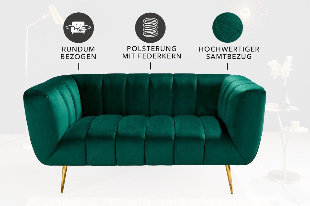 riess-ambiente 2-Sitzer NOBLESSE 165cm smaragdgrün / gold · Couch mit Bezug aus Samt, Einzelartikel 1 Teile, Federkern-Polsterung · Metall-Füße · Lounge-Sofa im Retro Design