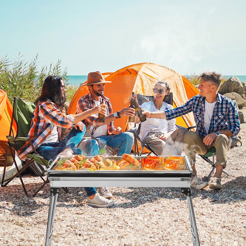 JEOBEST Holzkohlegrill Camping Grill Holzkohle, Edelstahl Grill, Reisegrill für BBQ, Klappbar, mit Grillnetze, zwei Carbonnetze