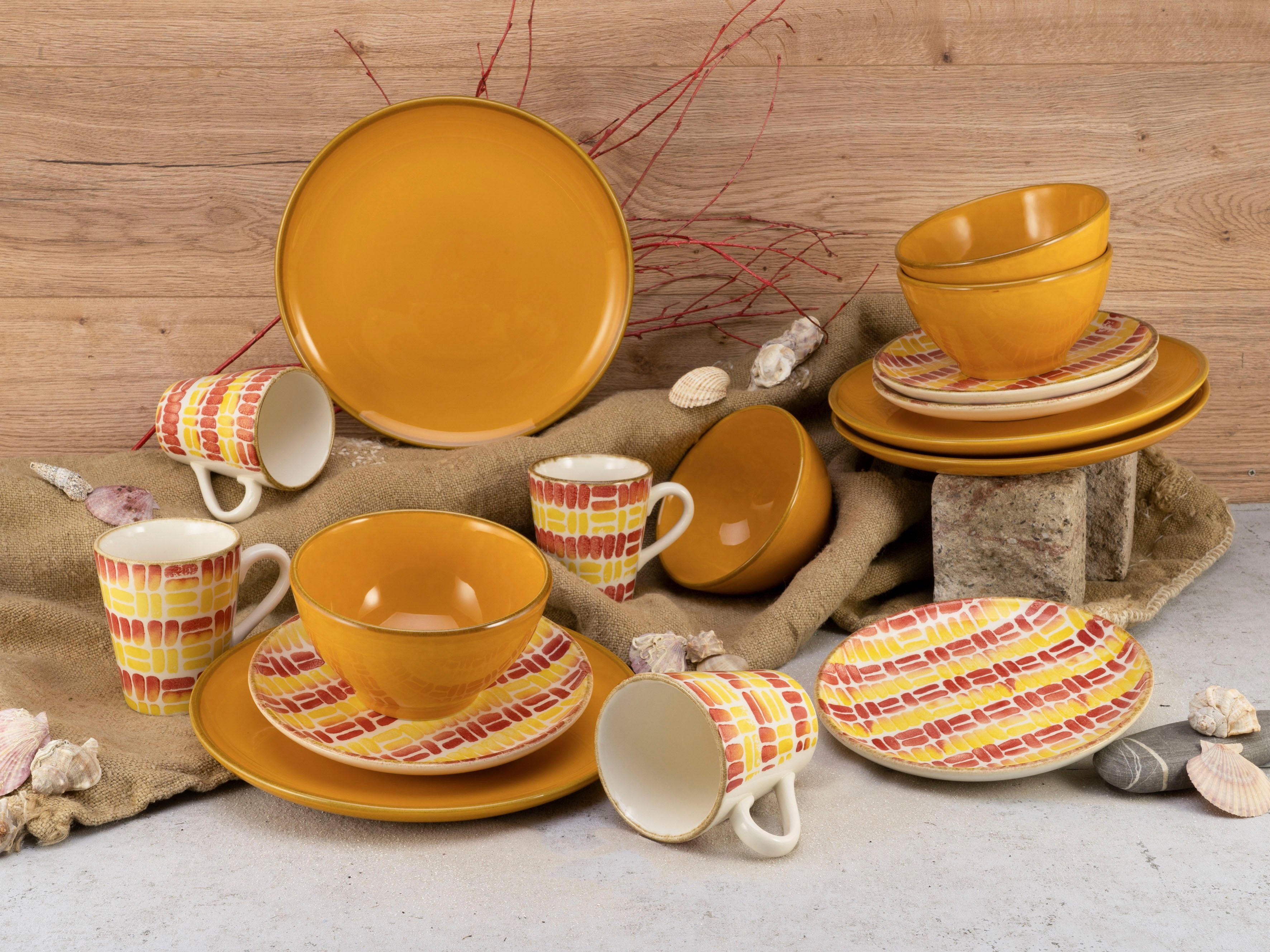 CreaTable Kombiservice Geschirr-Set Marbella (16-tlg), 4 Personen, Steingut, Service, südländisches Dekor, Made in Europe, 16 Teile, für 4 Personen