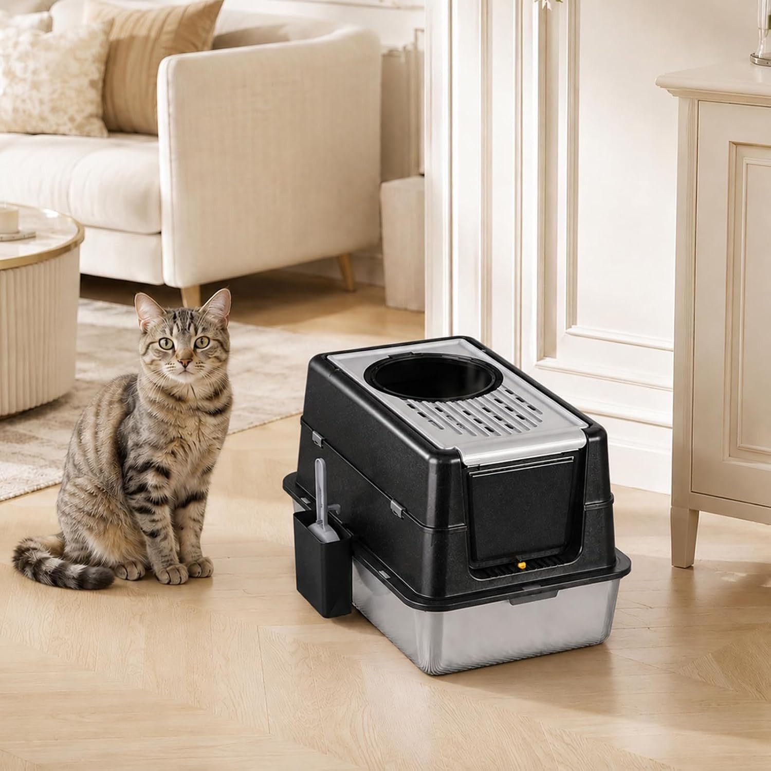 GarveeMore Katzentoilette Edelstahl-Katzenklo mit abnehmbarem Einhaus, hohen Seiten