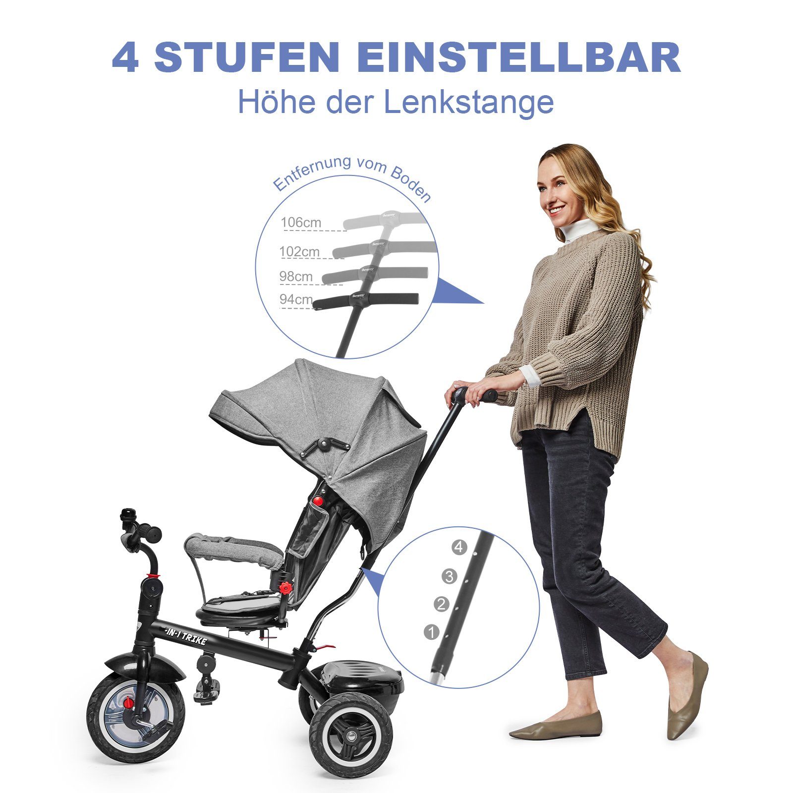 besrey Dreirad Dreirad 7-in-1 Kinderdreirad mit 360° Sitz und Räder aus Gummi