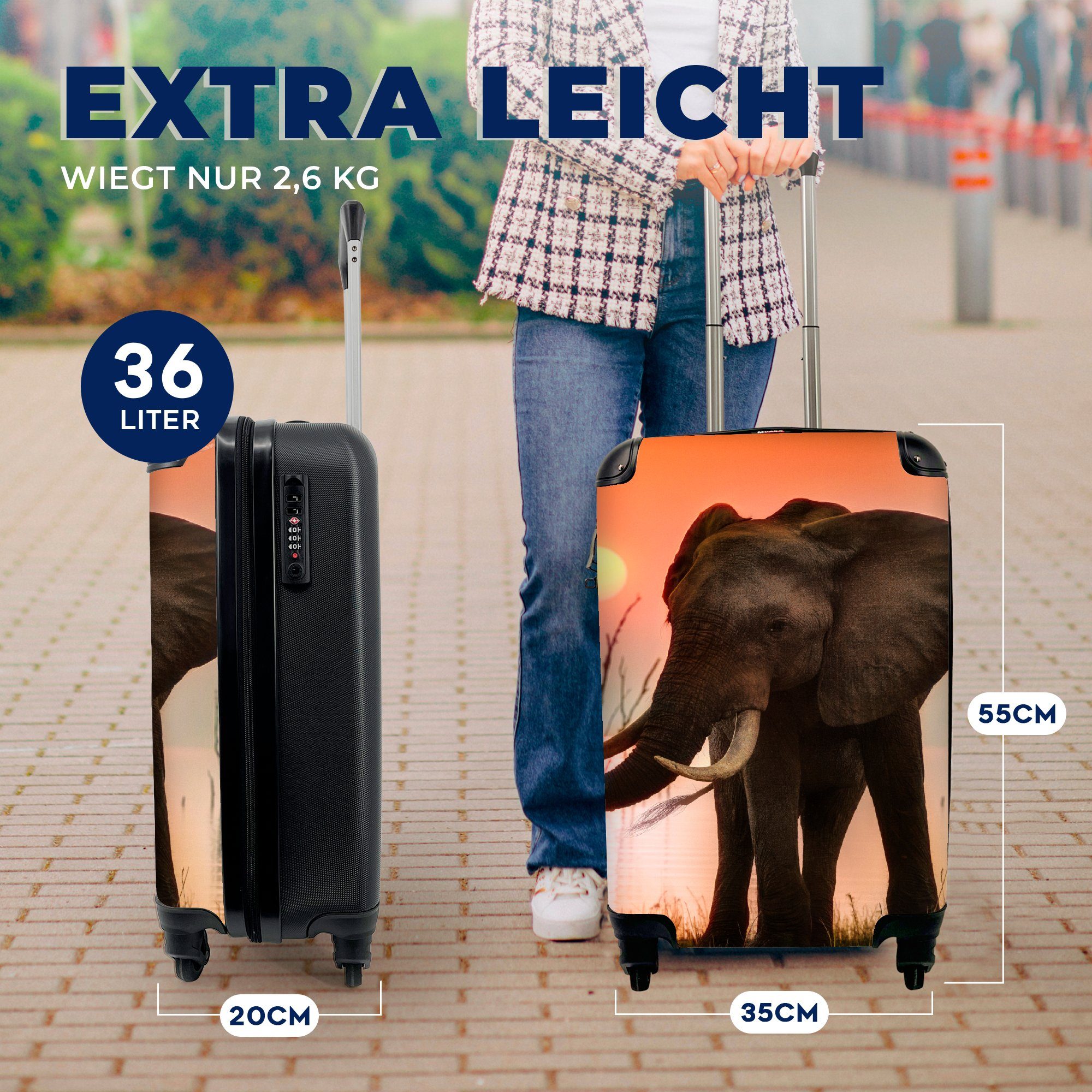 - Rollen, Reisetasche - Tiere MuchoWow rollen, mit 4 Reisekoffer - Handgepäckkoffer für Ferien, Trolley, Wasser Handgepäck Elefant Sonnenuntergang,