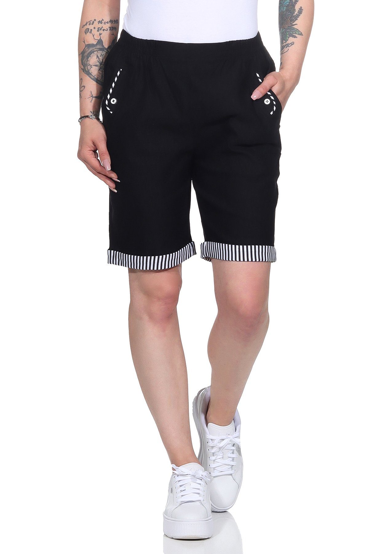 Bermuda mit Damenmode mit Details auch großen in elastischem Shorts Aurela Shorts Bund, Größen Sommer Schwarz Damen Strandbermuda maritimen Maritime erhältlich,