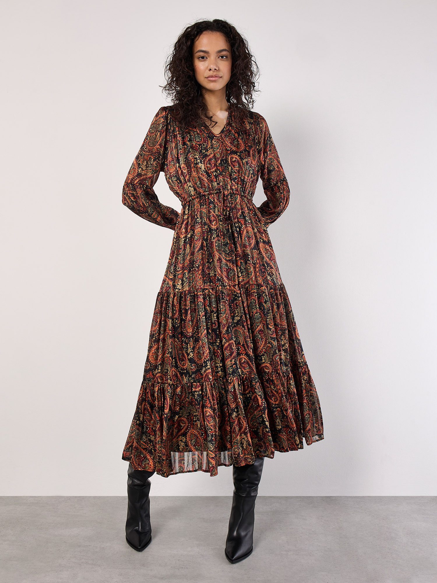 Apricot Druckkleid Paisley-Midikleid (2-tlg) mit Ballonärmeln und Bindeband günstig online kaufen