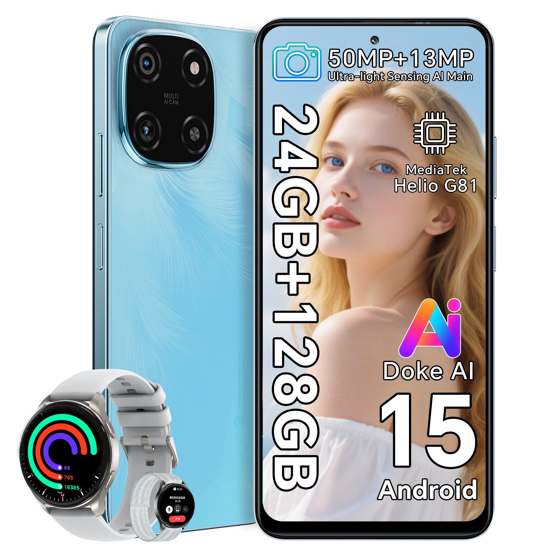 blackview Color 6 incl. X20 Smartphone (128 GB Speicherplatz, 50 MP Kamera, Helio G81, 50MP, Android 15, DokeOS 4.1, Doke AI)