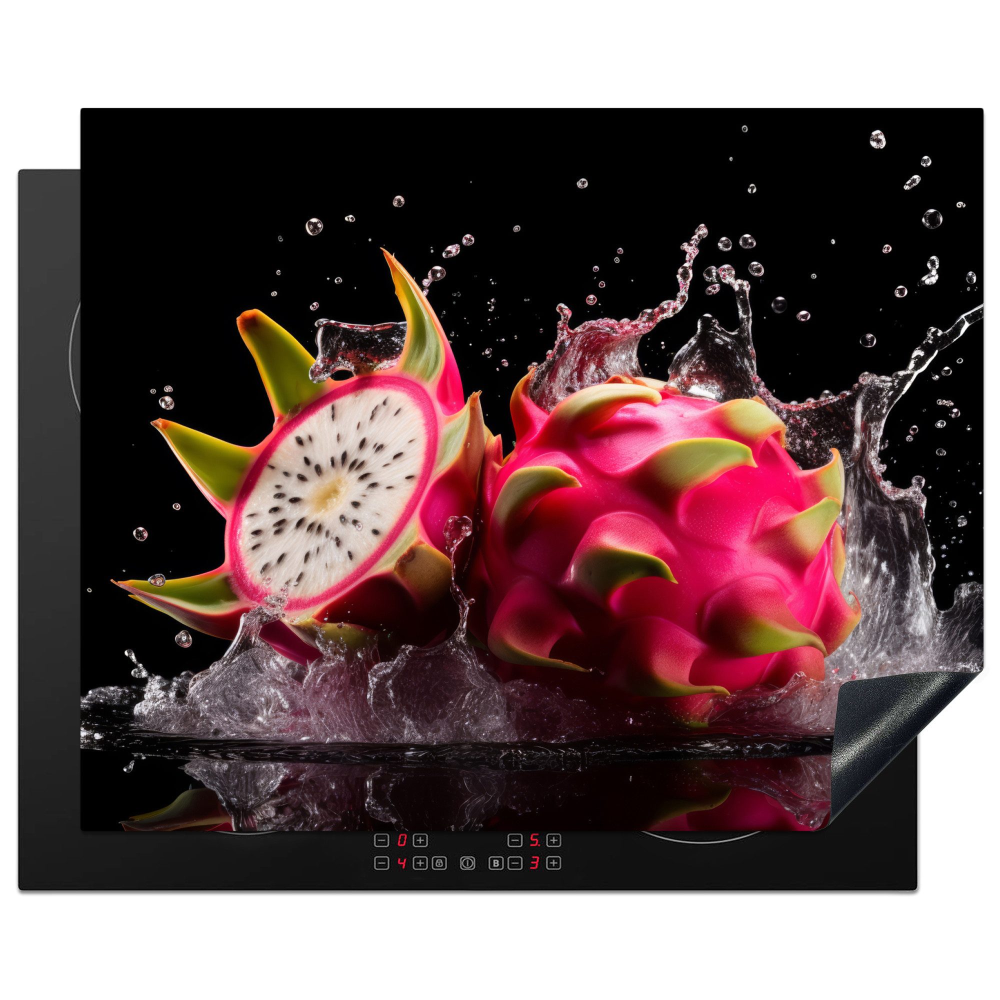 MuchoWow Herd-Abdeckplatte Drachenfrucht - Schwarz - Wasser - Frucht - Frucht, Vinyl, (1 tlg), Herdabdeckplatten für Ceranfeld, Induktionsschutz, 65x55 cm