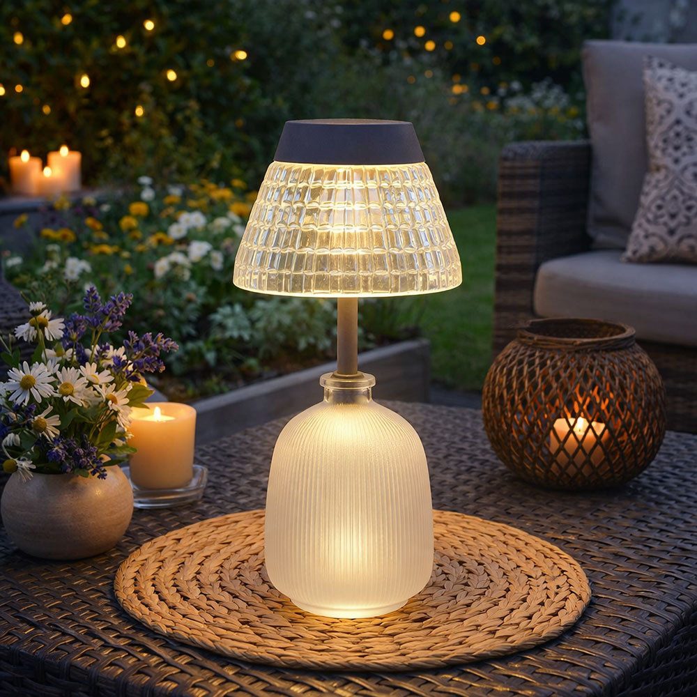 GLOBO LIGHTING Außen-Tischleuchte, Leuchtmittel nicht inklusive, Warmweiß, Solarleuchte Tischlampe Tischleuchte Gartenlampe Akku Glas satiniert
