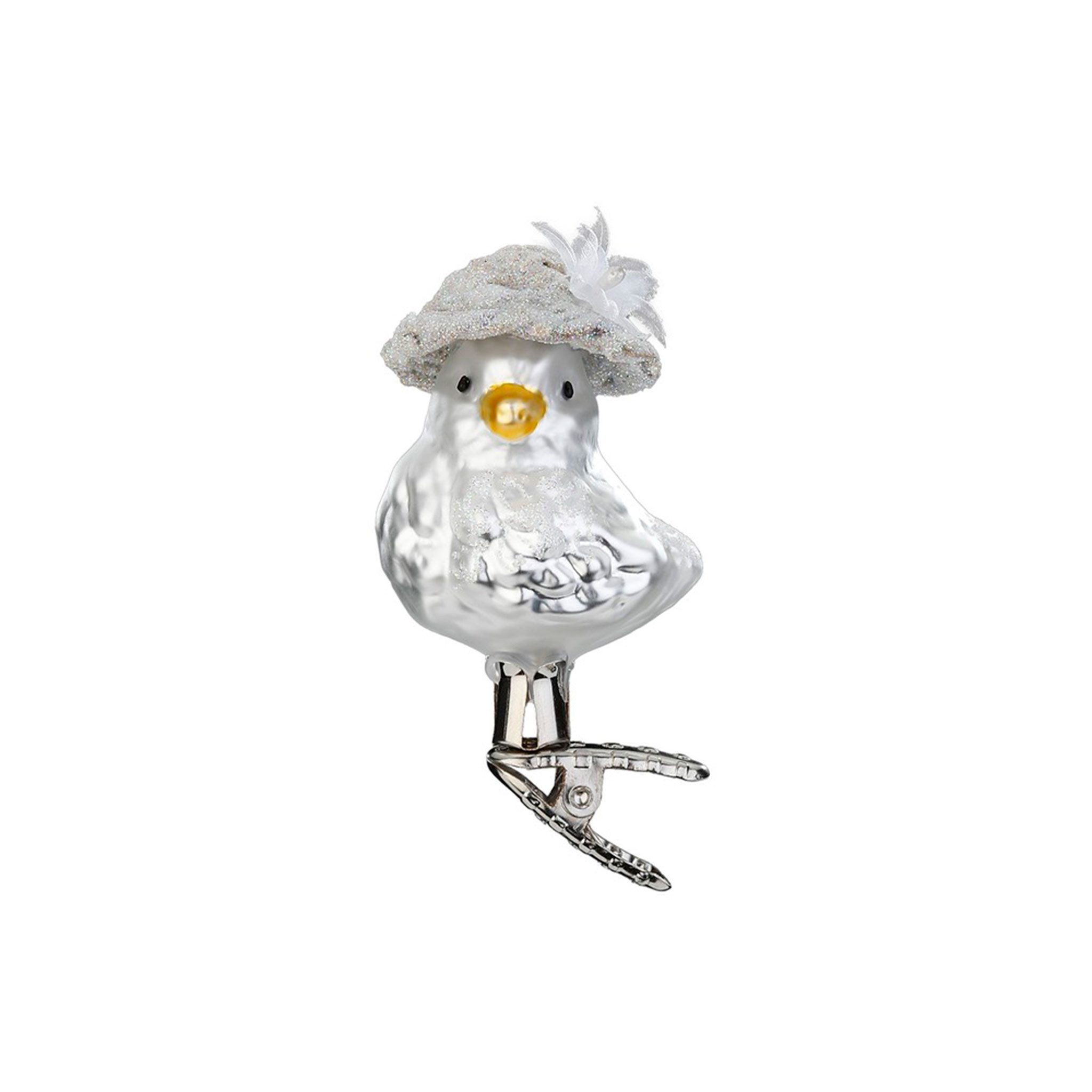 INGE-GLAS® Christbaumschmuck, Christbaumschmuck Glas Vogel mit Hut & Glitzer auf Clip 6,5cm Silber