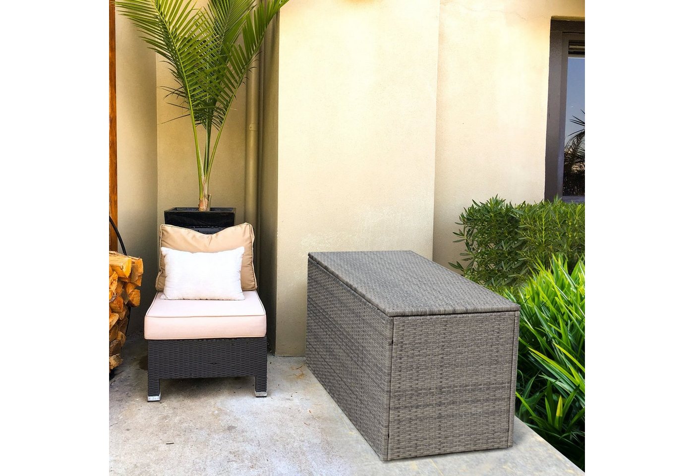 Thumbnail - COSTWAY Auflagenbox Rattan Sitzbank 335L, mit Doppeltüren & Ablage, 115x60x65cm