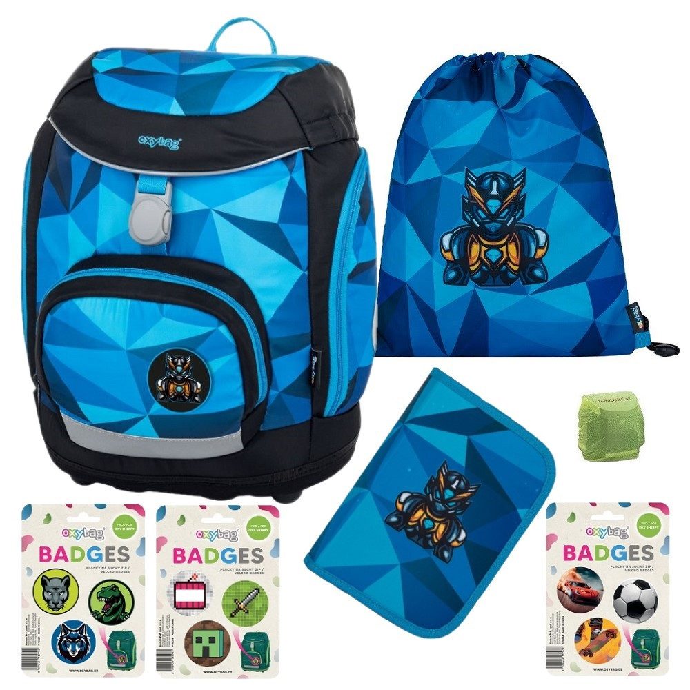 Familando Schulranzen Oxybag (Set, 7-tlg., inkl. Federmäppchen und austauschbare Klett Patches), Mine Craft; Wolf Panther Dinosaurier; Fußball Skater Rennauto