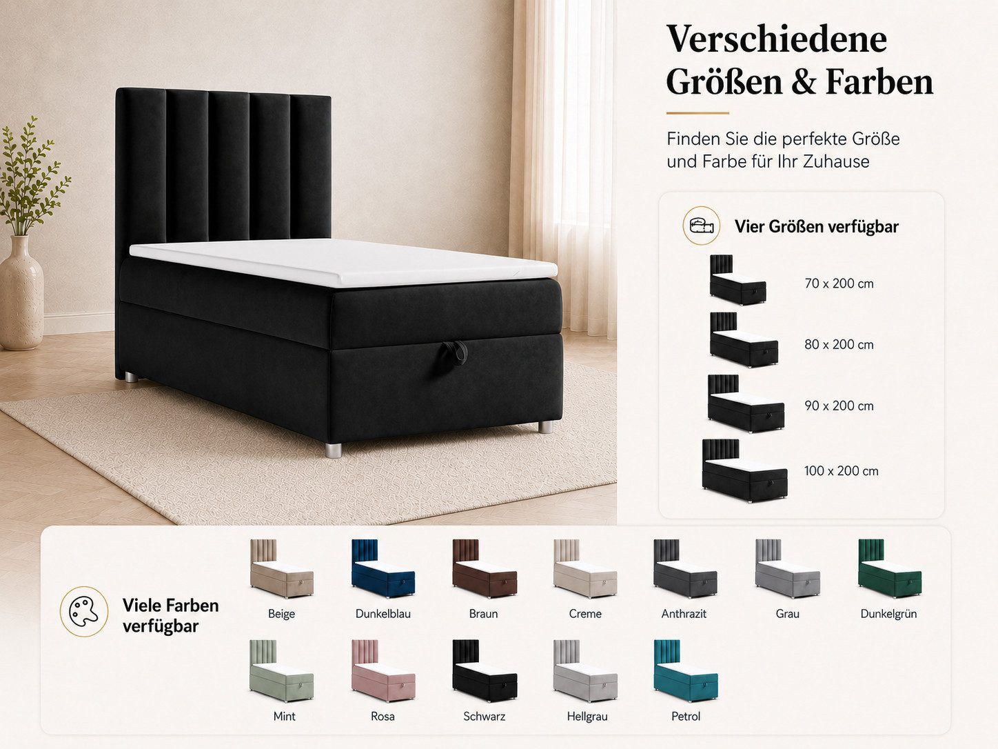 Best for Home Boxspringbett Trinity K10 SINGLE mit Bettkasten & Bonellfederkern, Komfort Topper H3 (Einzelbett, Polsterbett gepolstertes Kopfteil, Jugendbett, Kinderbett versch. Größen, 1-St., 70x200 80x200 90x200 100x200 cm), Stauraum unter dem Bett; Ergonomischer Schlafkomfort; Massivholzrahmen