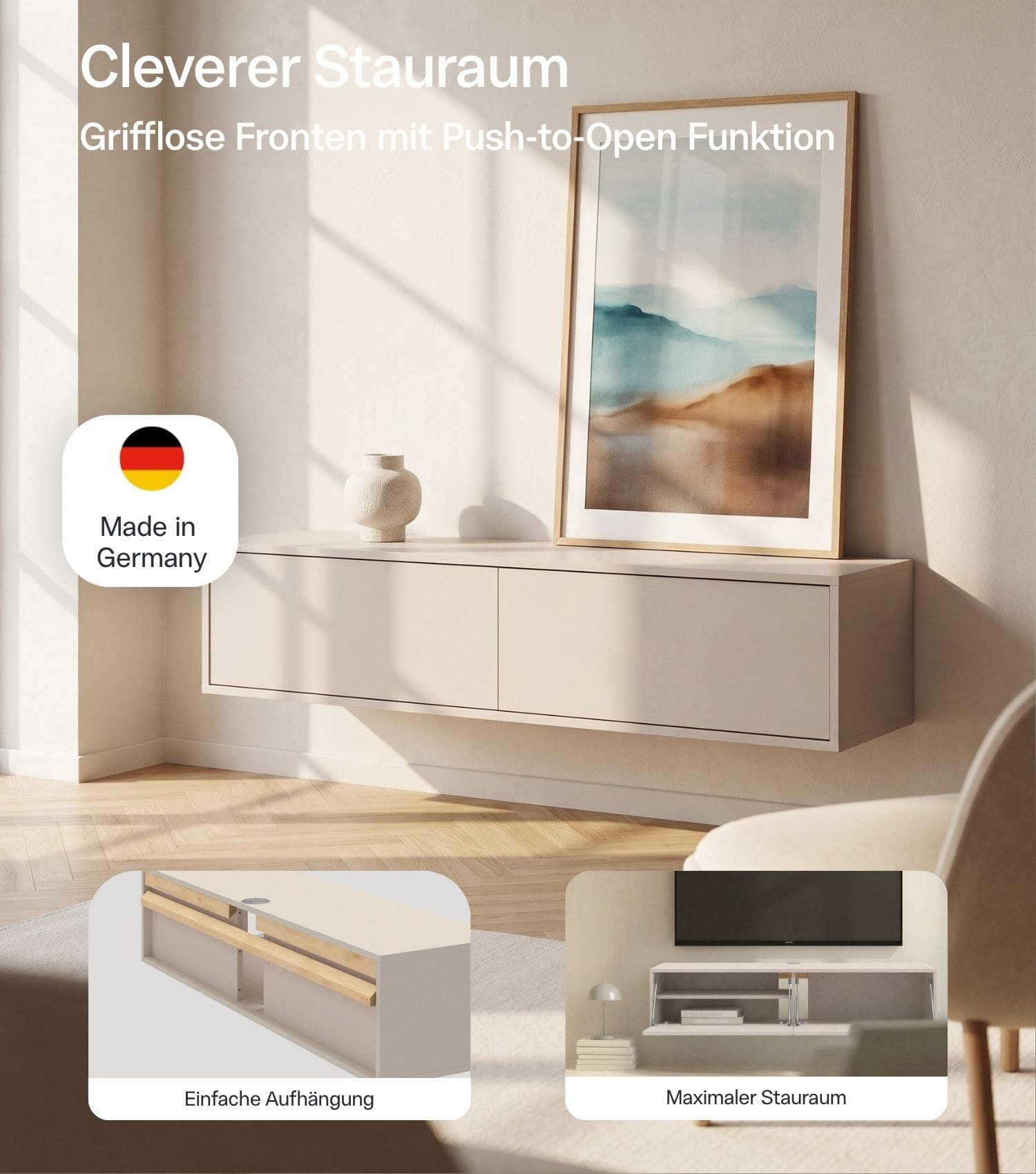 mokebo Sideboard 'Stage' Holz Lowboard TV-Schrank Push-to-Open Türen 160cm (160x36 cm, mit Einlegeböden), Made in Germany, TV-Board Beige, Fernsehschrank, Schra – Bild 3 von 5