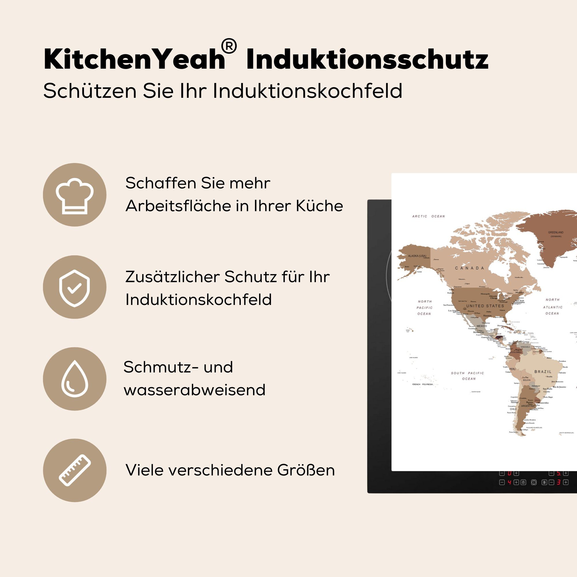 Weltkarte 81x52 Herdblende-/Abdeckplatte MuchoWow Induktionskochfeld (1 Braun, Einfach - Ceranfeldabdeckung für Vinyl, cm, tlg), die küche, Schutz -