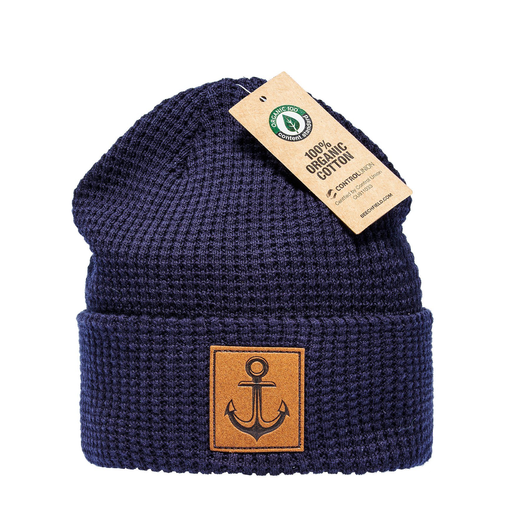 Baddery Beanie Organic Cotton Strickmütze: "Anker" mit Leder-Patch - Bio Baumwolle, hochwertiger Strick, 100% Bio-Baumwolle, Kunstleder-Patch, One Size