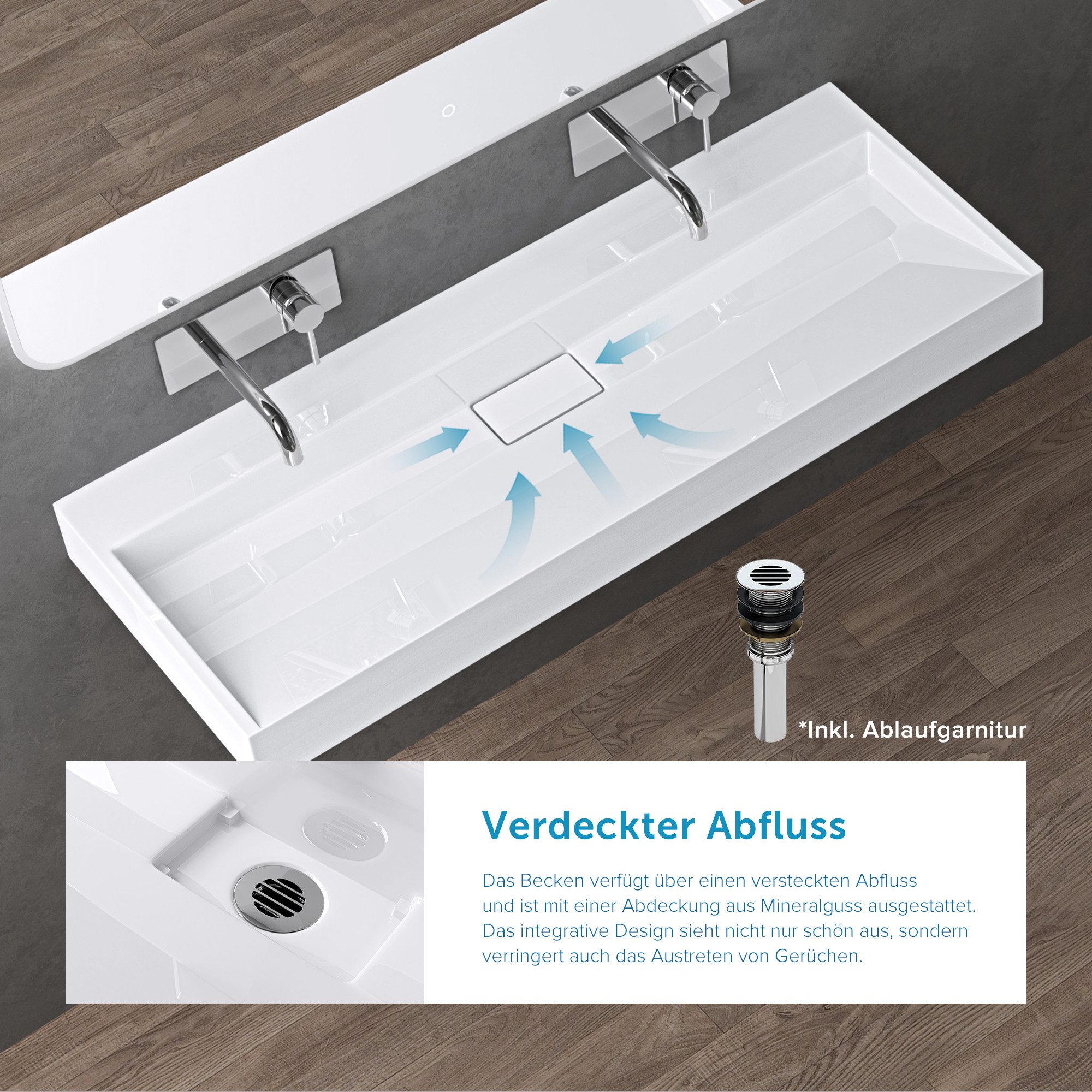 doporro Waschbecken Aufsatzwaschbecken mit Ablaufgarnitur Waschtisch Mineralguss Col19, mit Hahnlöcher, Integrierte Gefälle, Mineralguss aus einem Stück – Bild 4 von 5