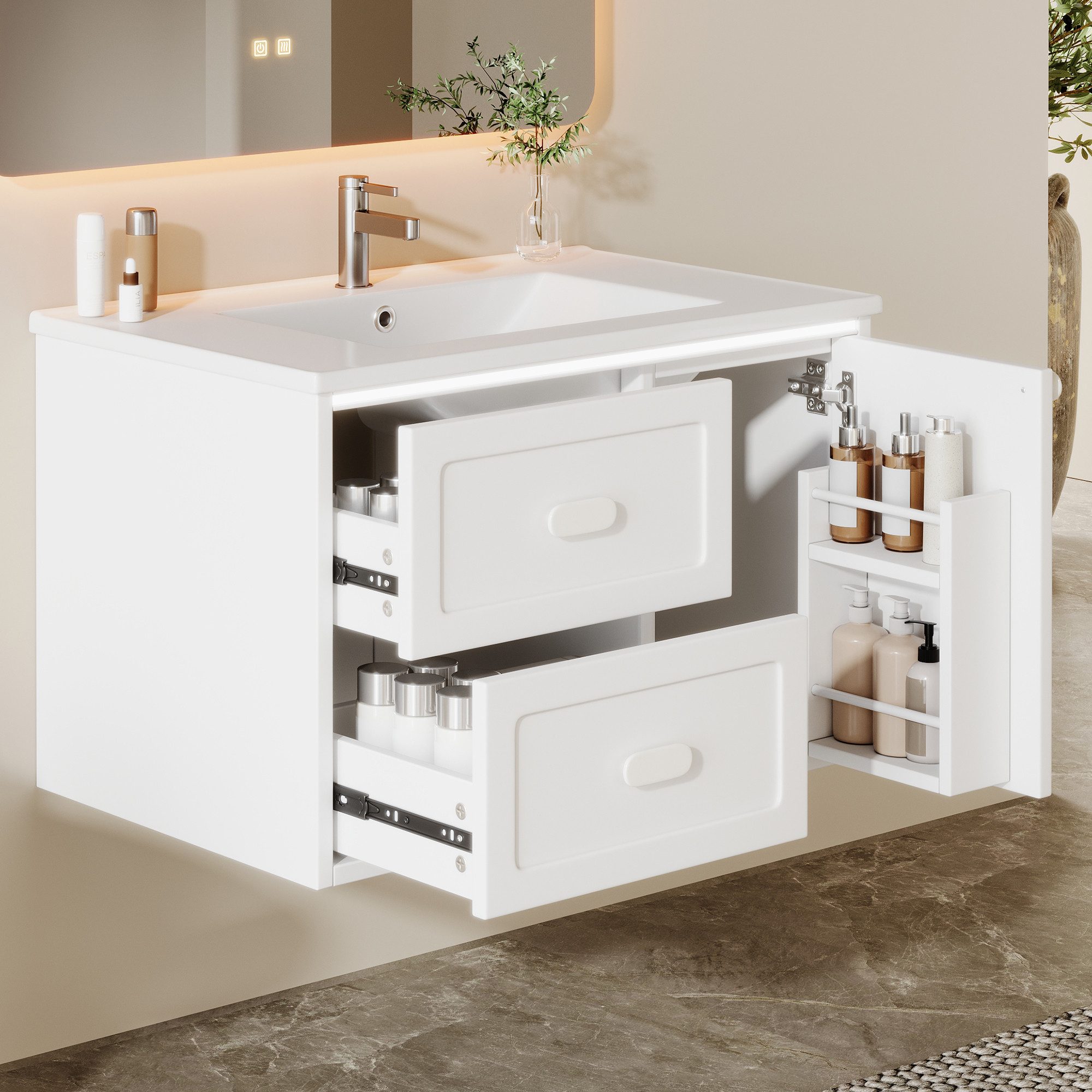 Flieks Waschtisch mit LED-Radarsensor Waschbeckenunterschrank inkl. Waschbecken (B76/T46/H51 cm, 1-St., wandhängend, Volllackierung Badschrank mit Led-Beleuchtung Waschplatz), Badezimmerschrank mit Schubladen und Türablagen Badmöbel-Set Weiß