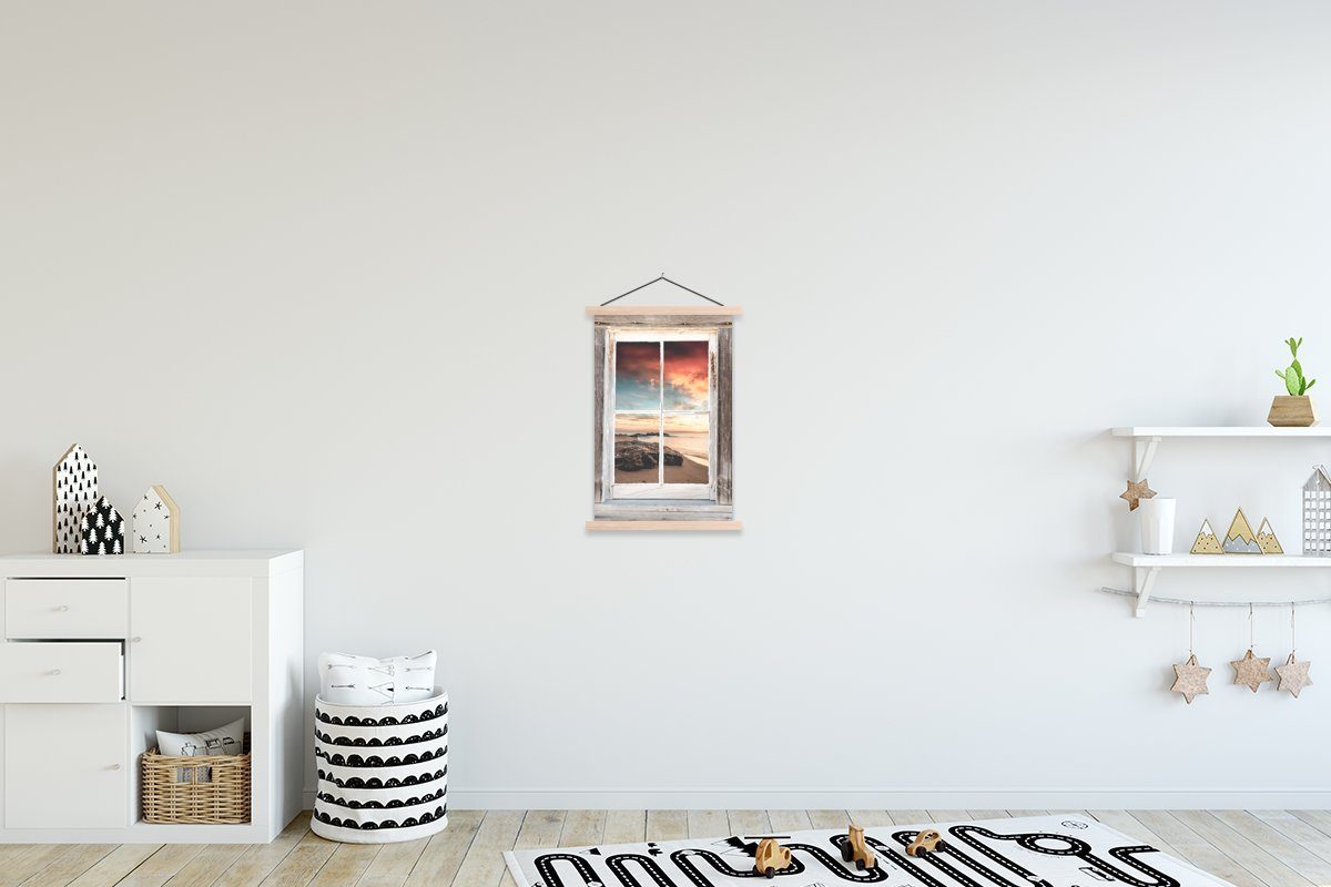 MuchoWow Poster Durchblick - Holz - Strand, (1 St), Posterleiste, Textilposter für Wohnzimmer, Bilderleiste, Magnetisch