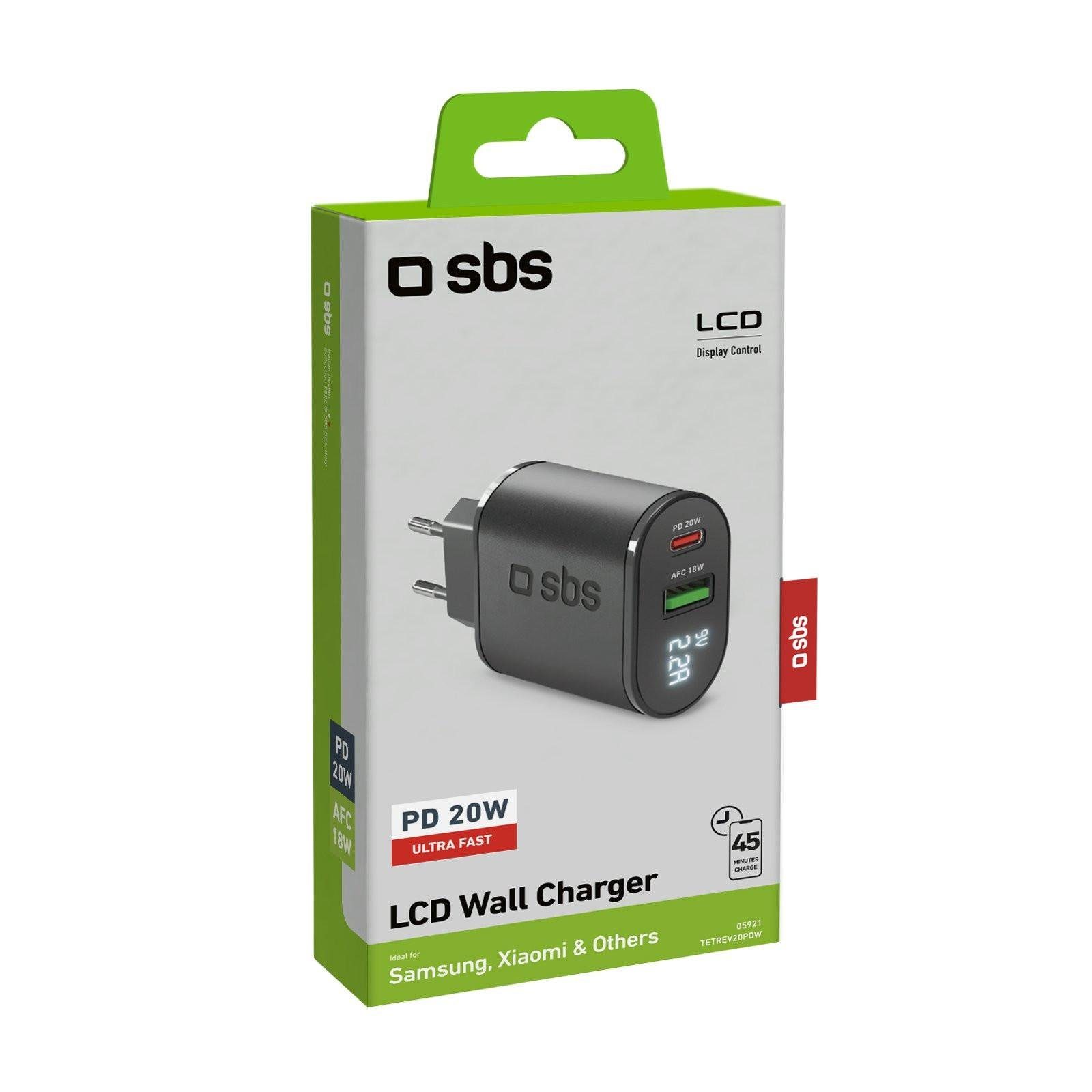 sbs SBS 20W-Ladegerät mit LCD-Bildschirm, USB-C und USB-A, Schwarz USB-Ladegerät