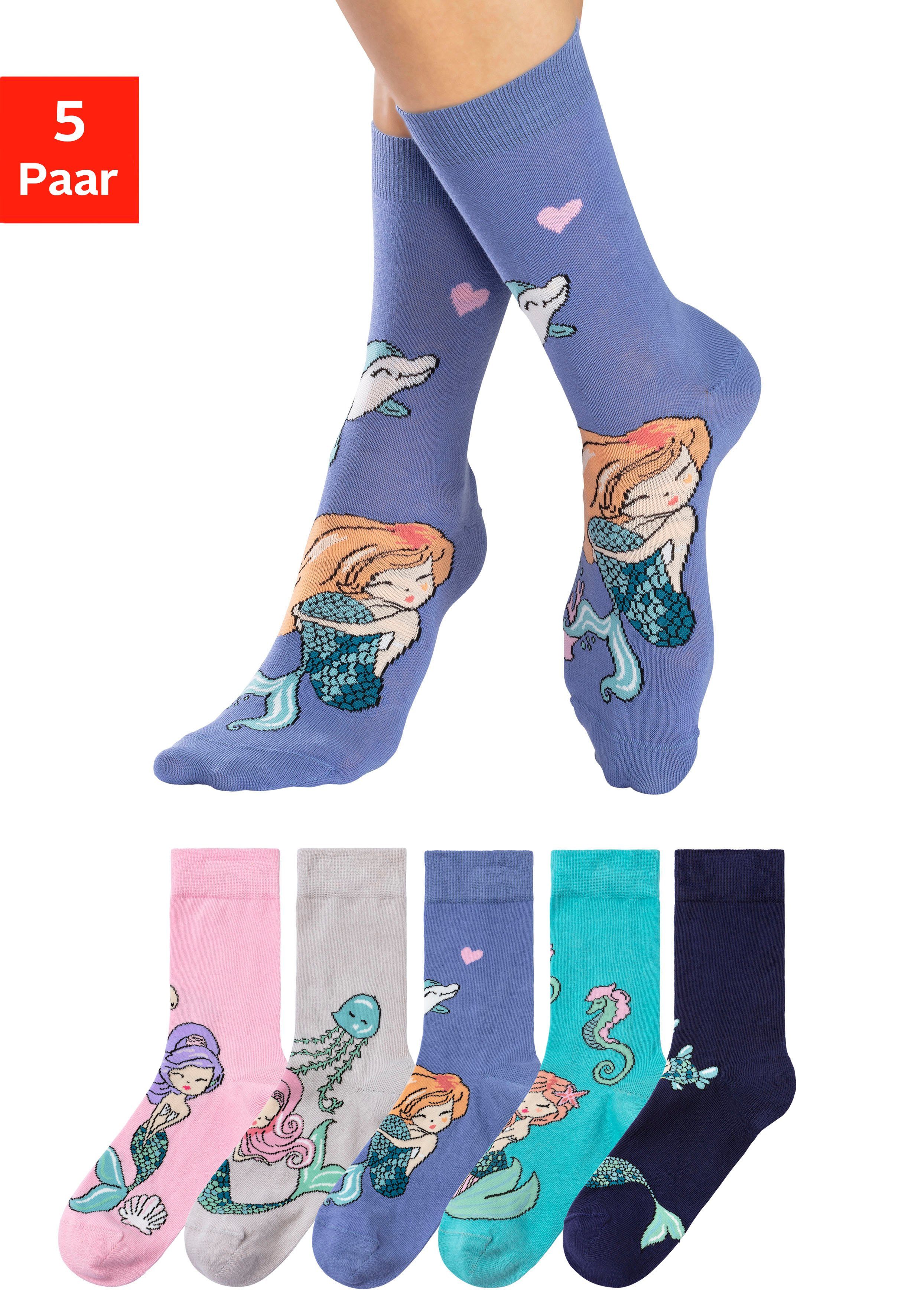 Socken Meerjungfrauen mit eingestrickten H.I.S Kindersocke Motiven, (5-Paar) mit