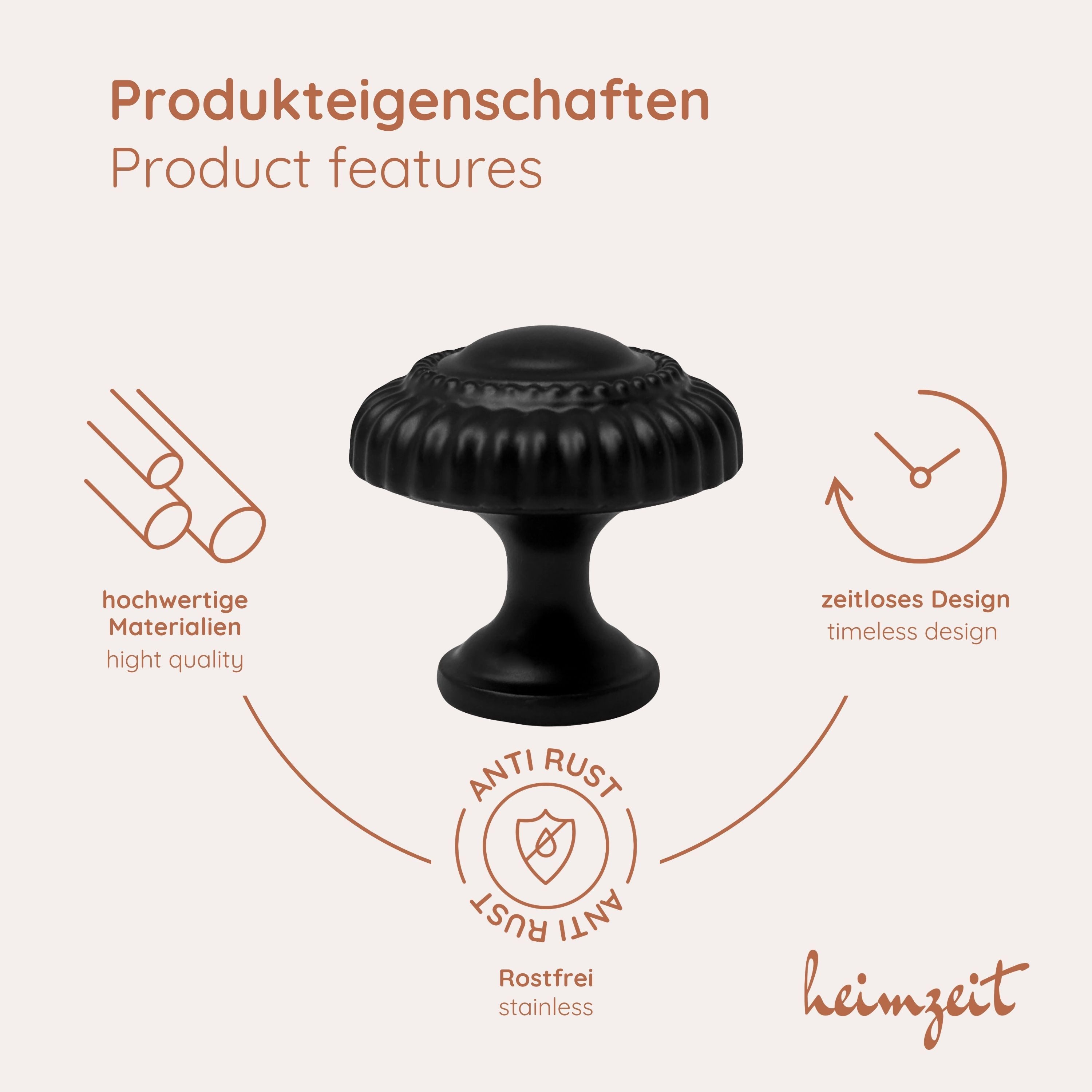 heimzeit Möbelgriff heimzeit Möbelknöpfe Classic - 8 Stück (Set), für Schubladen, Türen und Kommoden, inkl. Schraube