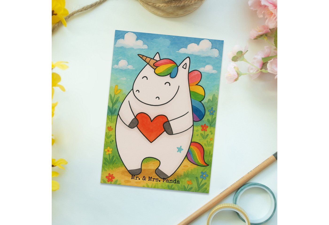 Thumbnail - Mr. & Mrs. Panda Postkarte Einhorn Herz Design - Weiß - Geschenk, Ansichtskarten, Grußkarte, Kar, Hochglanzveredelt
