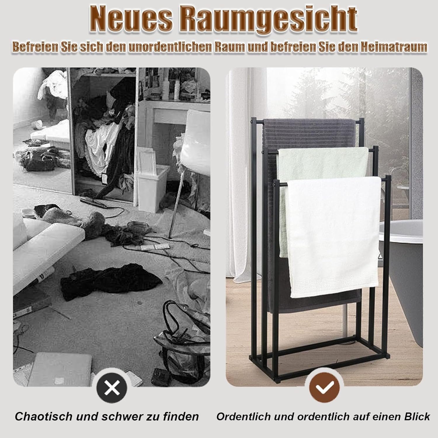 ibettertec Wäscheständer Wäscheständer mit 3 Stangen aus Metall, Handtuchhalter, Beweglich, Handtuchhaken,Badezimmeraufbewahrung,für Badezimmer