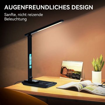 Senmudi Tischleuchte LED Schreibtischlampe mit 5 Farbtemperaturen 10W Wireless Charging, stufenlose Dimmung, LED fest integriert, für Büro, Wohnzimmer, Schlafzimmer, Kinderzimmer, Nachtschrank, Tischleuchte mit Temperatur-, Alarm-, Kalender- & Nachtlicht Funktion