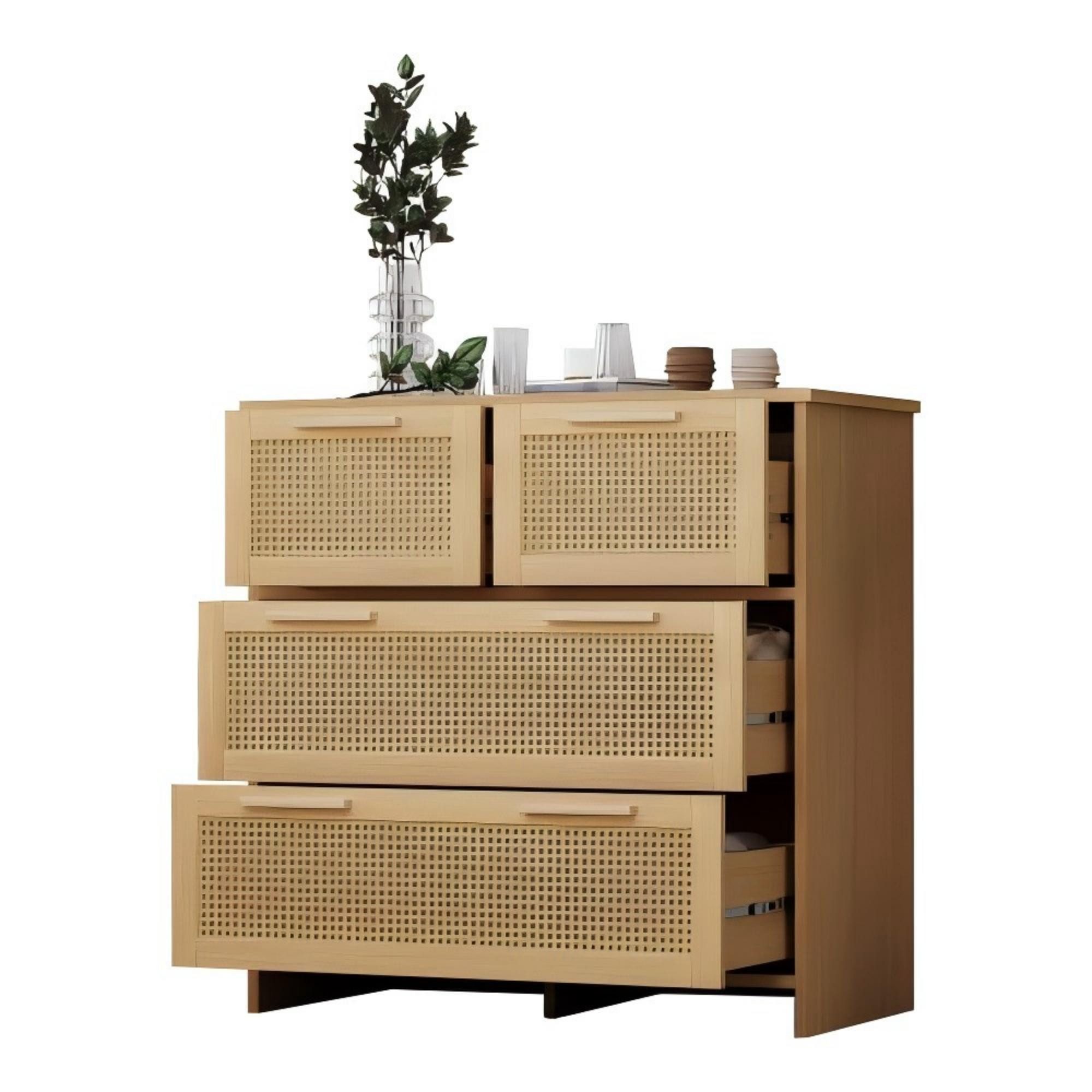 Sideboard Eckschrank Kommode Highboard 4-Schubladen-Rattan Massivholz Natur/Weiß