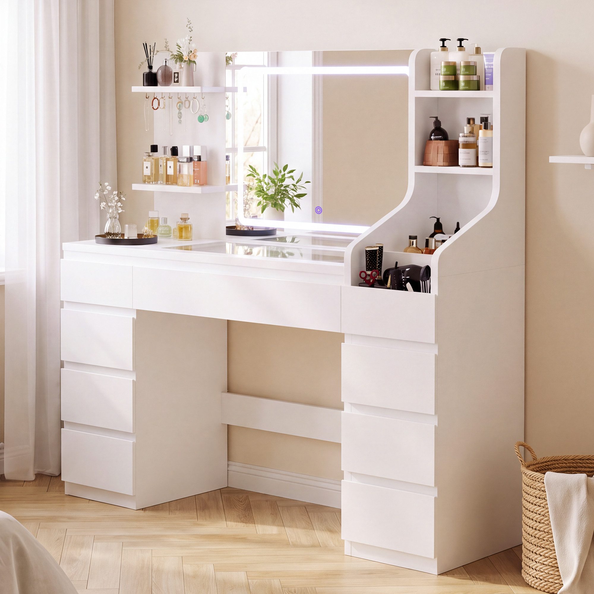 HOMALL Schminktisch Dreifarbiger, LED-beleuchteter Schminktisch Extra großer Stauraum (Maße: 135 × 40 × 137 cm, Arbeitsplatte aus gehärtetem Glas, mit 7 offenen Ablagefächern + 9 Schubladen, 2 Steckdosen + 1 USB-Anschluss + 1 Typ-C-Anschluss, Halterung für Haartrockner -ostern geschenke)
