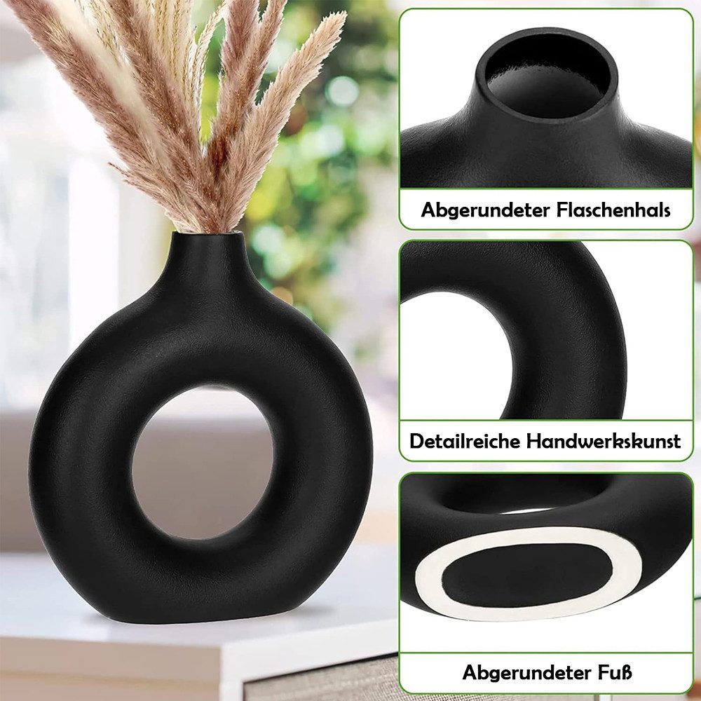 TUWENA Tischvase Handmade Vase Für Pampasgras, Donut Keramik Vase, Runde Matte Vasen, Vase Nordic Ring Modern Deko, Wohnzimmer Vasen Für Dekoration Geschenk