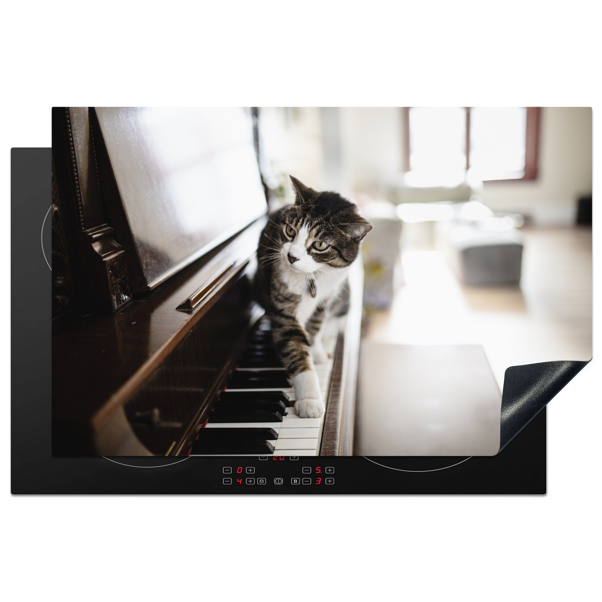 MuchoWow Herdblende-/Abdeckplatte Katze geht auf Klavier, Vinyl, (1 tlg), 81x52 cm, Induktionskochfeld Schutz für die küche, Ceranfeldabdeckung