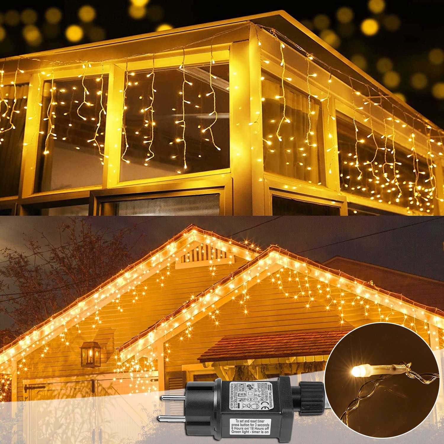 LMaxhome LED-Lichterkette Eisregen Lichterkette für Aussen Flashing Effekt Weihnacht Deko, 200-flammig, 5M/10M/15M Lichtervorhang Speicherfunktion 8 Modi Timer Warmweiß Deko