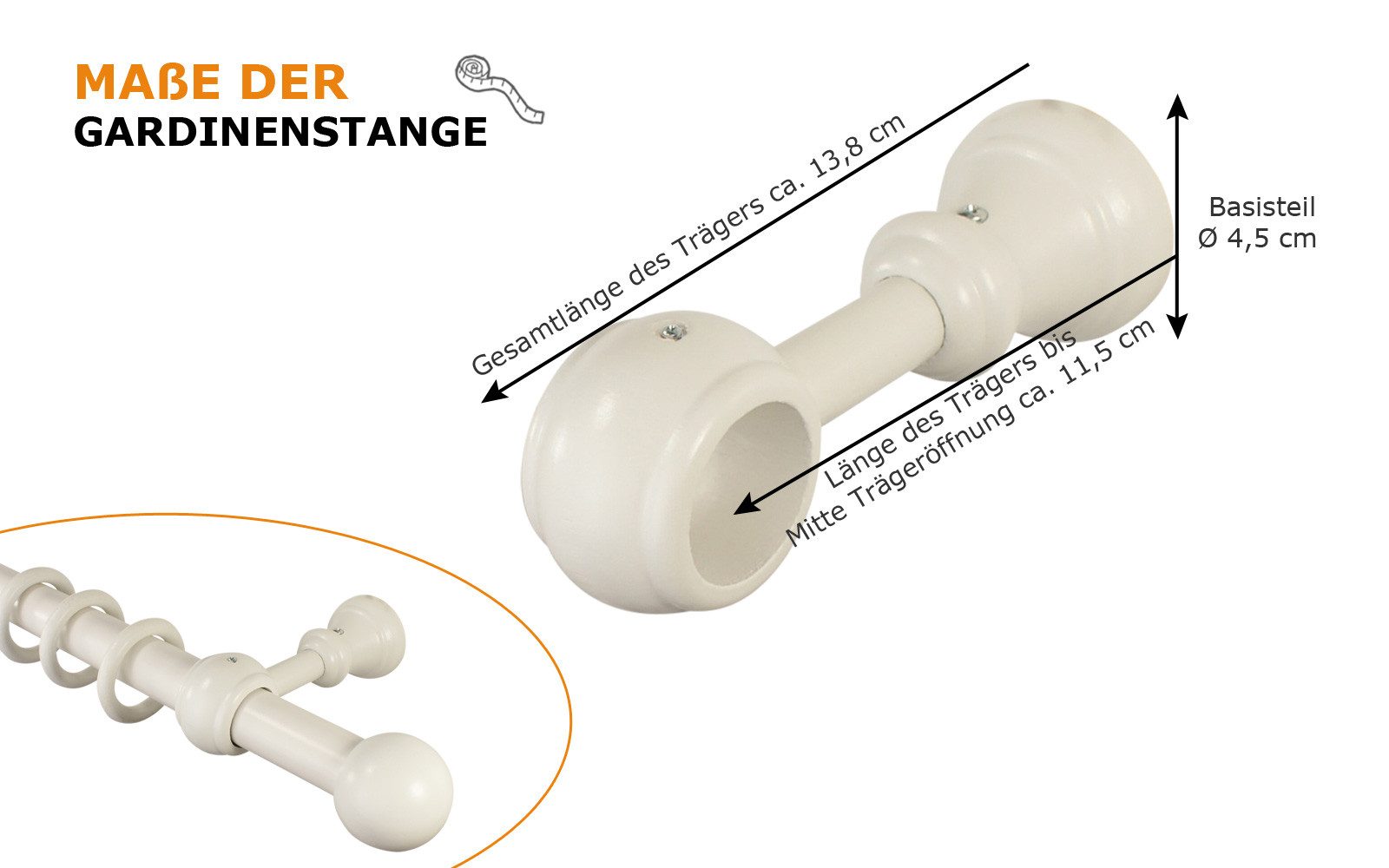 iso-design Gardinenstange 28 mm Holz weiß lackiert Endstück Kugel, Ø 28 mm, 1-läufig, Fixmaß, Geschraubt, Holz, Wand- und Deckenmontage möglich – Bild 5 von 5