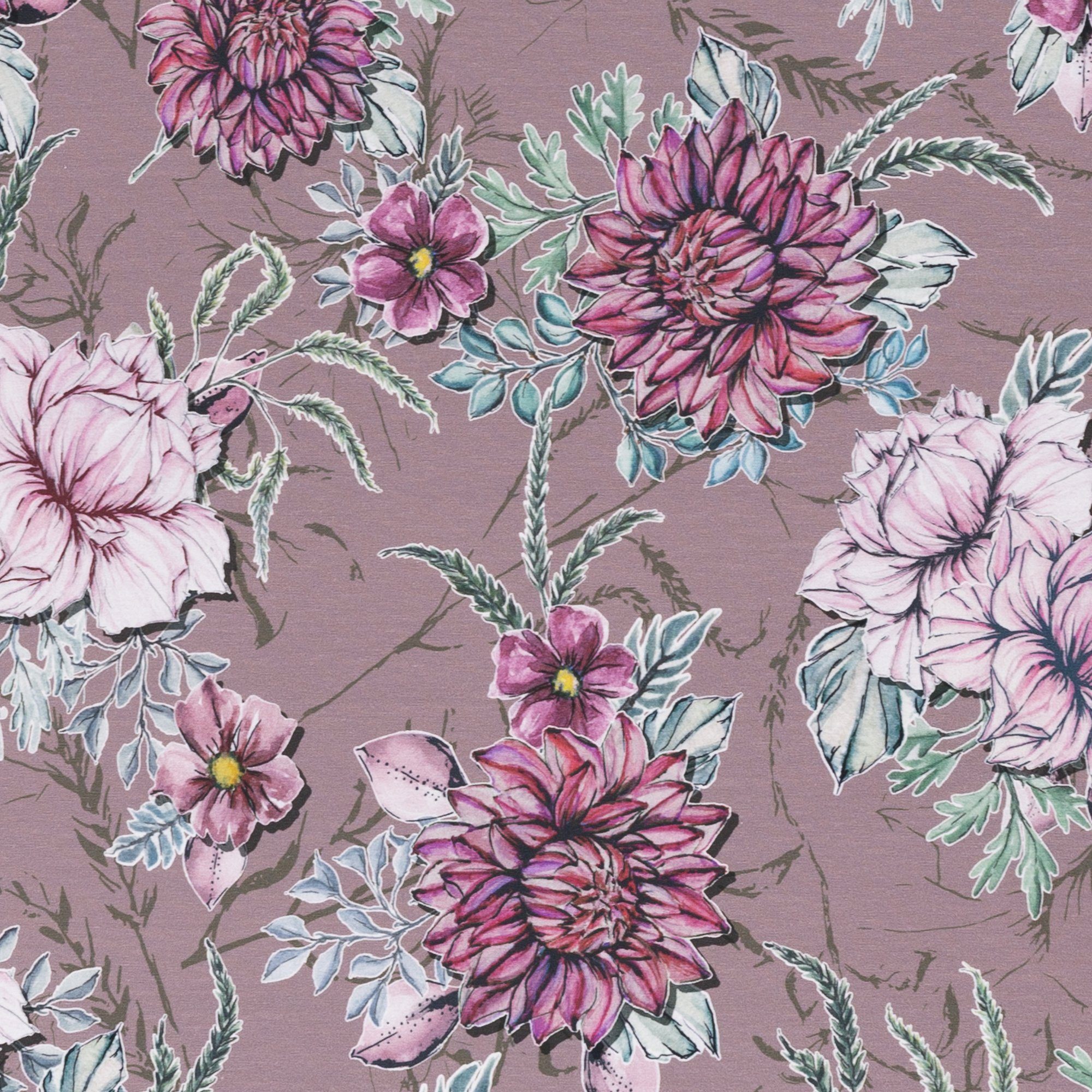 larissastoffe Stoff Jersey Blumen Aquarell, Swafing taupe, Meterware, 50 cm x 160 cm überbreit