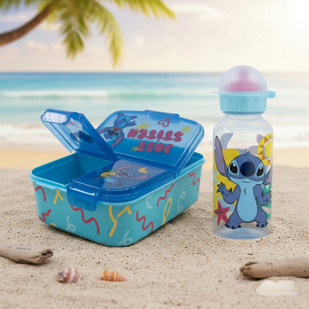 Disney Lunchbox Disney Stitch 2 tlg. Lunch Set Brotdose mit 3 Kammern Trinkflasche, Kuststoff, (2-tlg), 370 ml