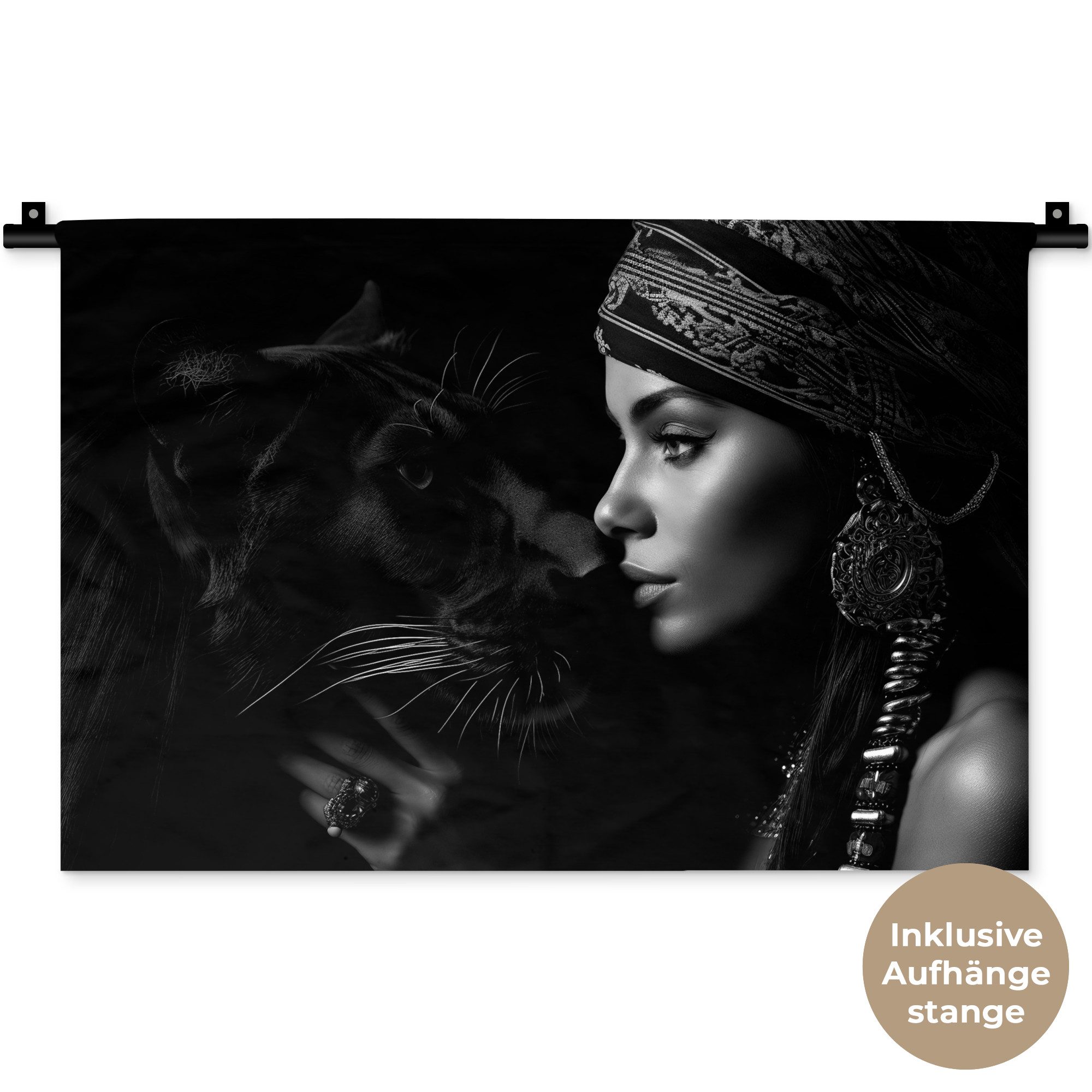 MuchoWow Wandteppich Frau - Panther - Luxus - Schwarz - Weiß - Tier, Rechteckig, Höhe: 3 mm, Wandteppich für Wohnzimmer, Schlafzimmer, 60x40 cm