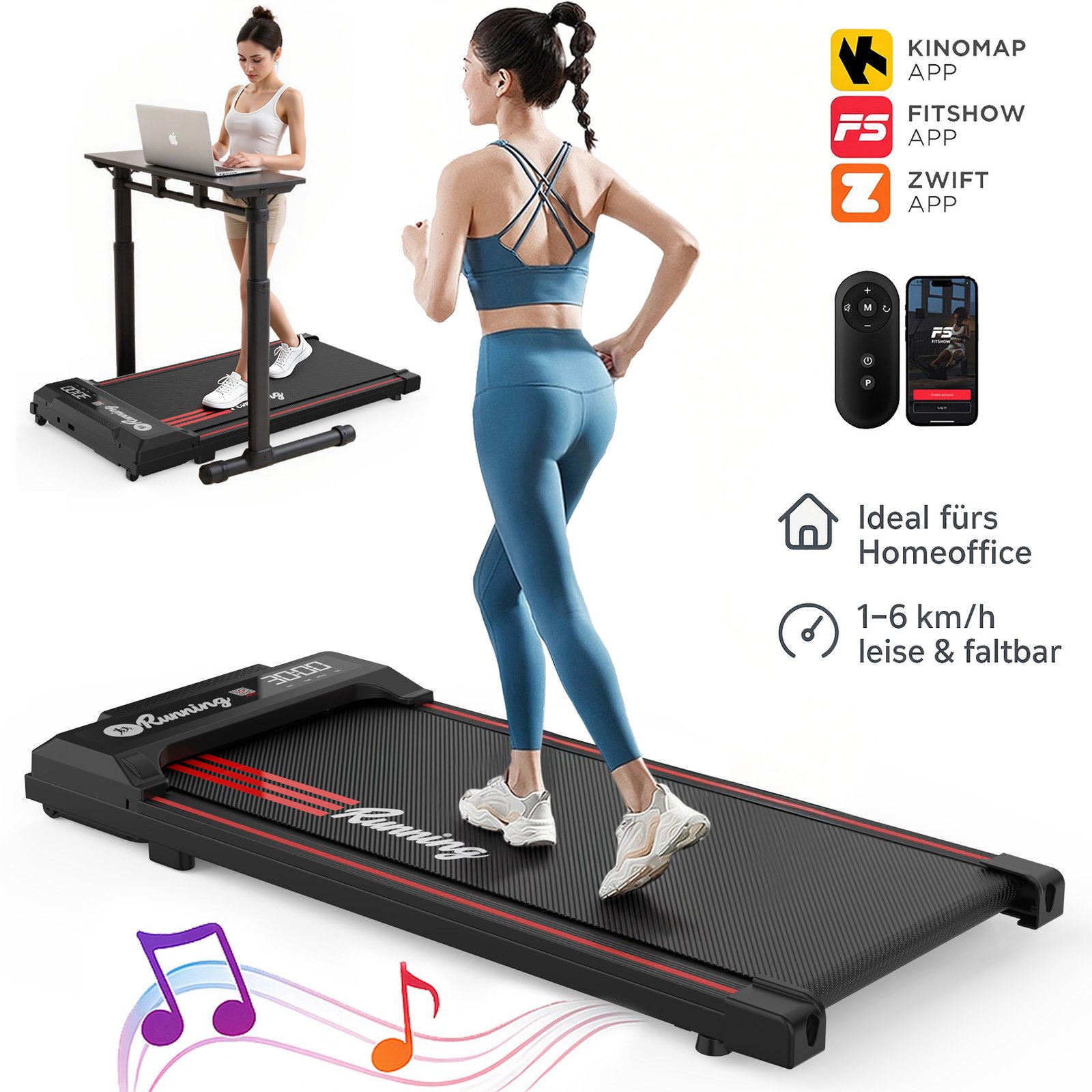 oyajia Laufband Untertisch Laufband 1–6 km/h, Kompakt 109x48x11 cm (Walking Pad mit 2,5 PS Motor & LED-Display, 12 Trainingsprogramme, Bis 120 kg belastbar, Leise für Büro & Zuhause), Bluetooth Musik & App-Kompatibel, Platzsparend