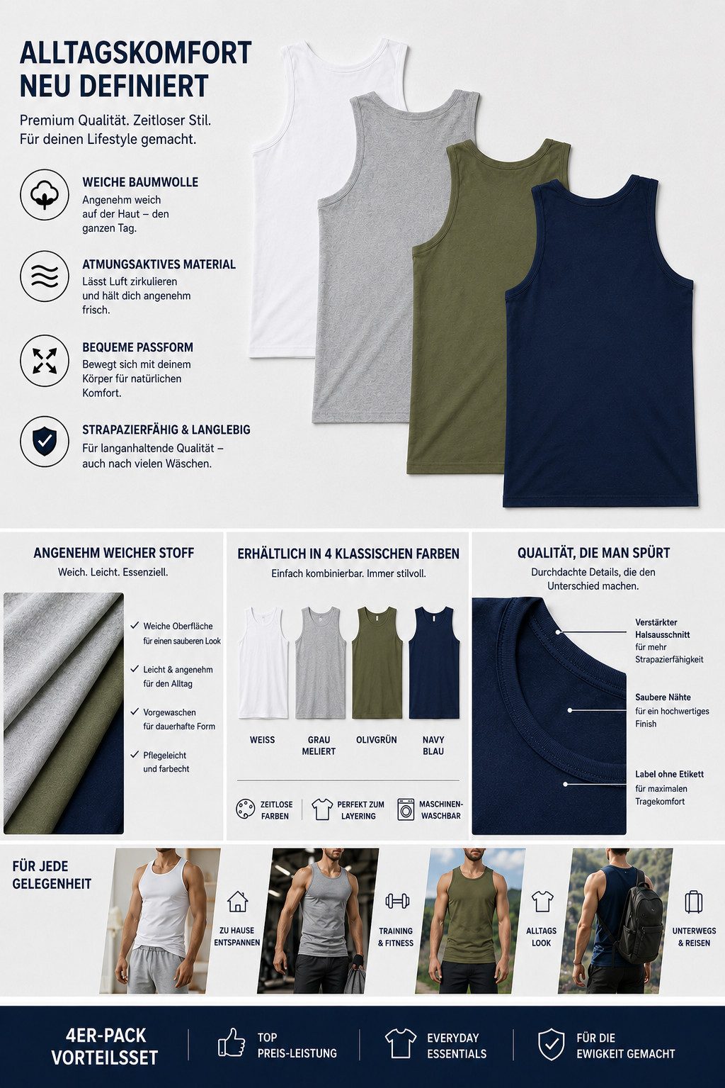 Moni Unterhemd Herren Unterhemd Tank Top/ Achselhemd Baumwolle & Atmungsaktiv (4-St)
