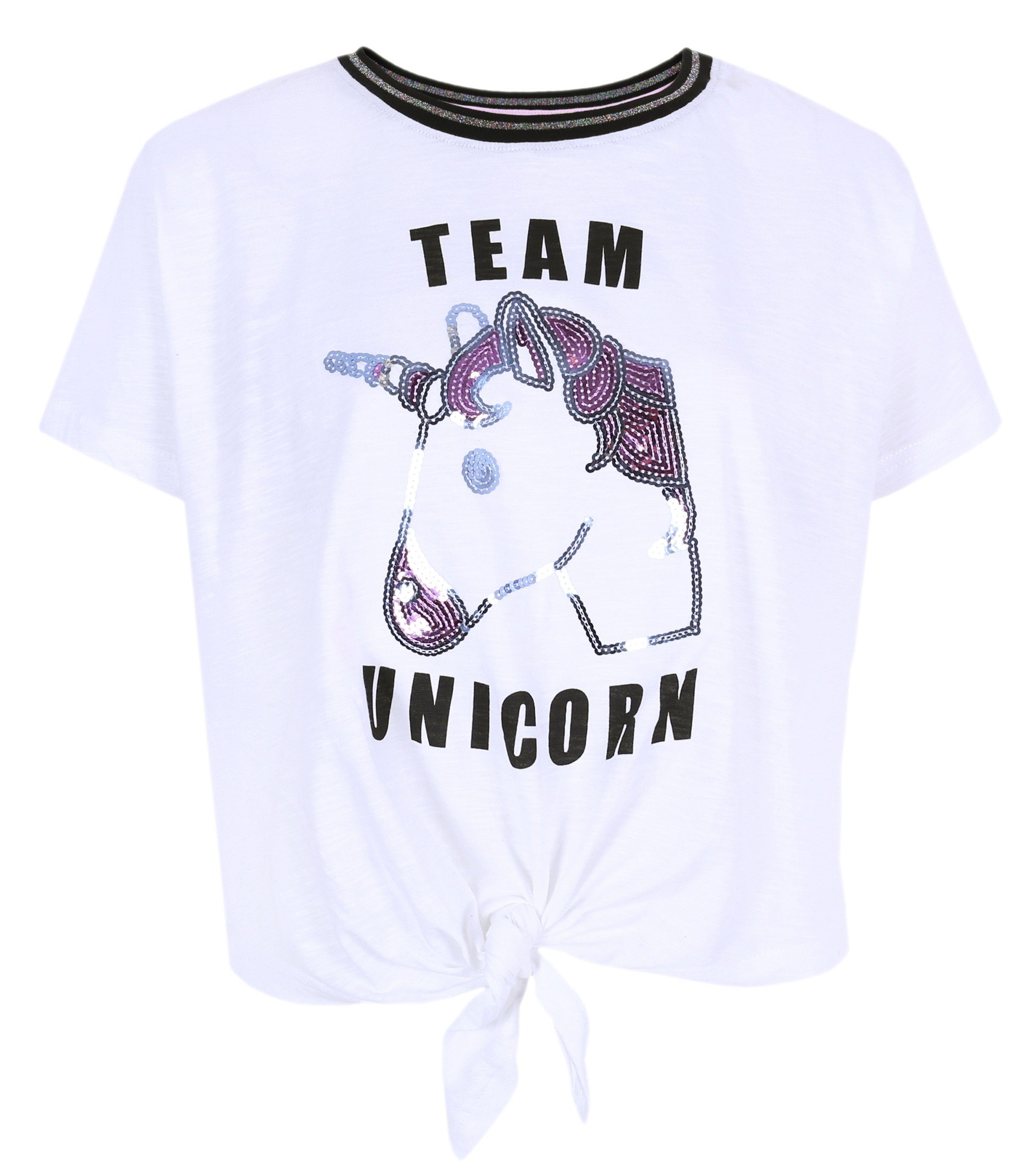 Blusentop Weiße Bluse Einhorn aus Pailletten L