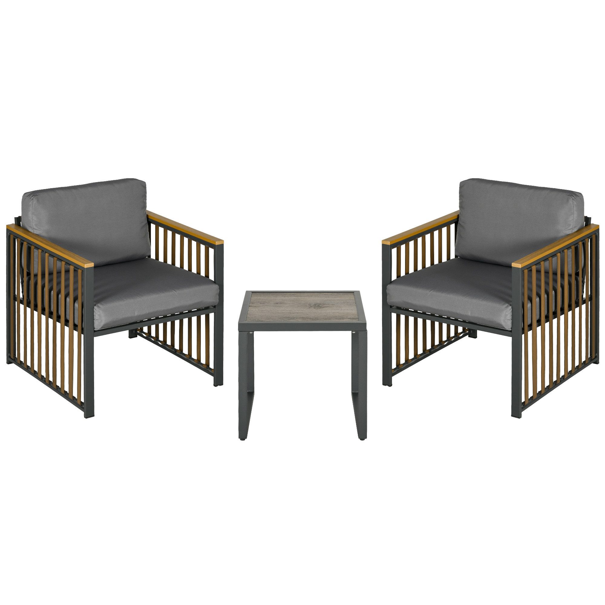 MC Star Balkonset Gartenmöbel-Set 3-tlg. Bistro-Set mit Couchtisch & 2 Stühlen, (Gartensitzgruppe mit Kissen, grau, ideal für Terrasse & Balkon)